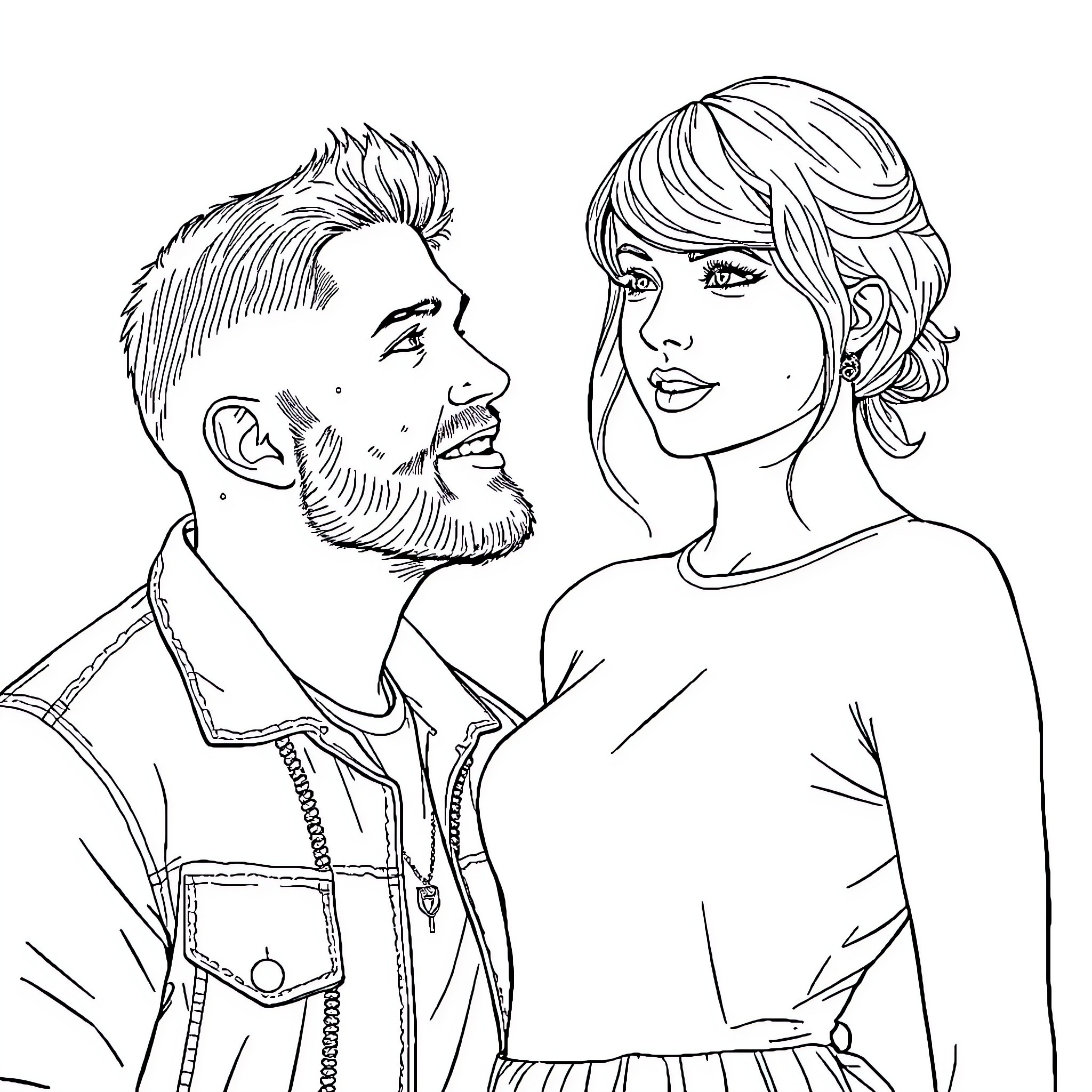 Travis Kelce posing with a woman Coloring Page (free black-and-white line drawing printable PDF for all, from beginners to advanced learners, including children, teens, adults, and seniors)