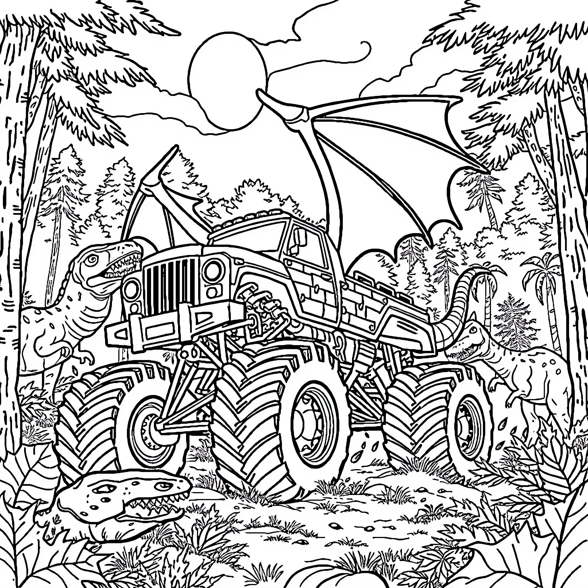 Monster Truck Navigating Rugged Terrain in the Wilderness Coloring Page (free black-and-white line drawing printable PDF for all, from beginners to advanced learners, including children, teens, adults, and seniors)