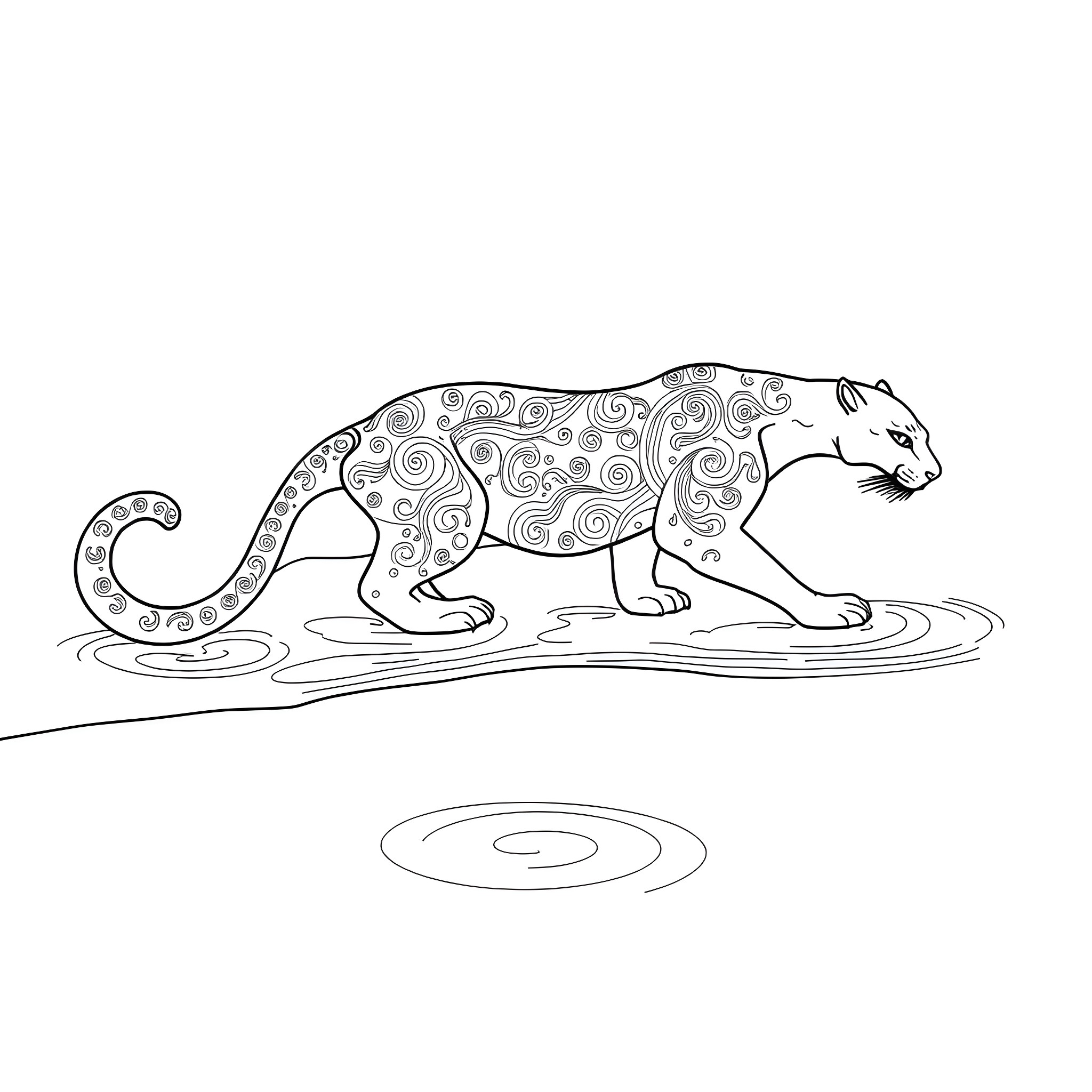 Mishipeshu - Mythical Water Panther on Rippling Pond Coloring Page (free black-and-white line drawing printable PDF for all, from beginners to advanced learners, including children, teens, adults, and seniors)
