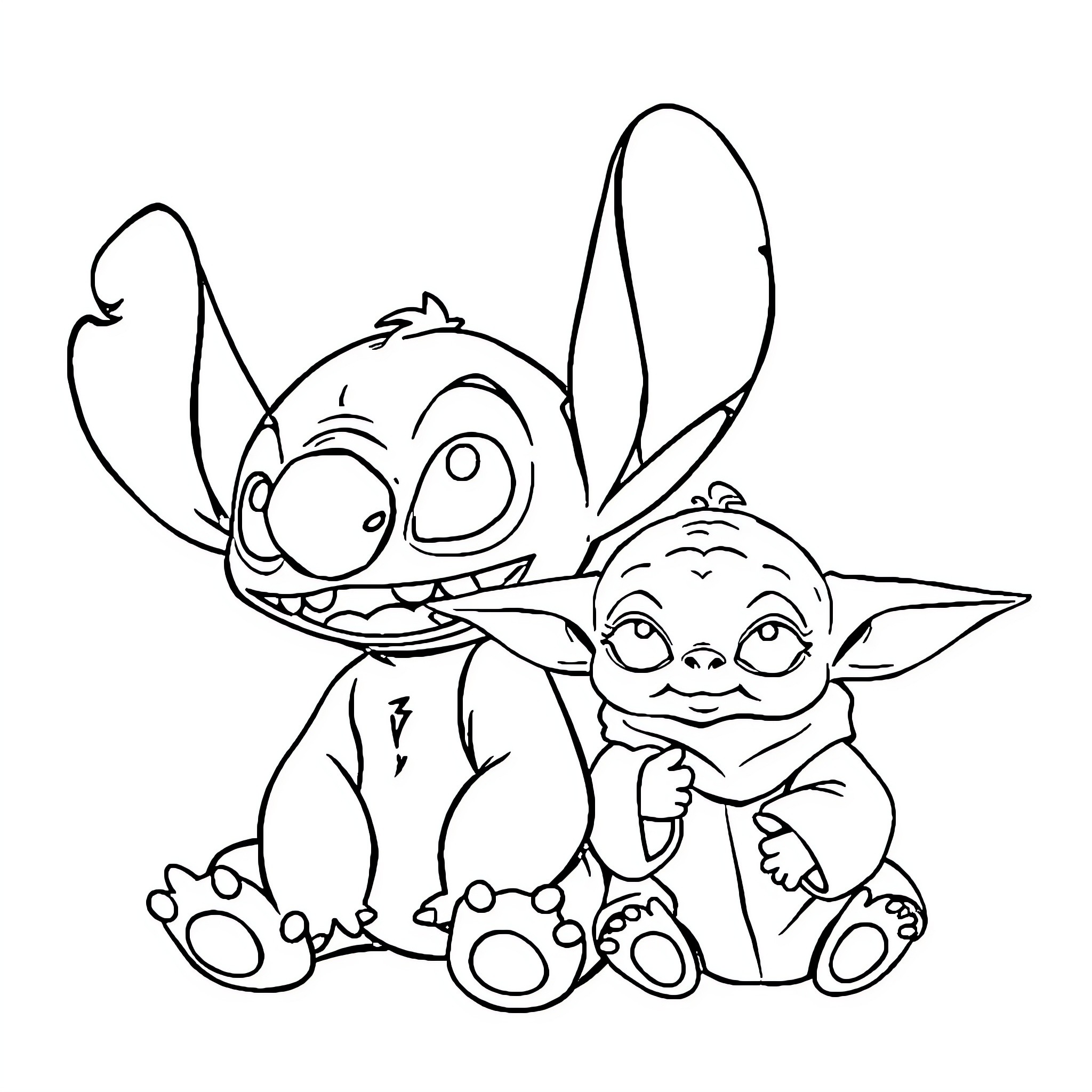 Stitch and Baby Yoda Embrace Coloring Page (free black-and-white line drawing printable PDF for all, from beginners to advanced learners, including children, teens, adults, and seniors)