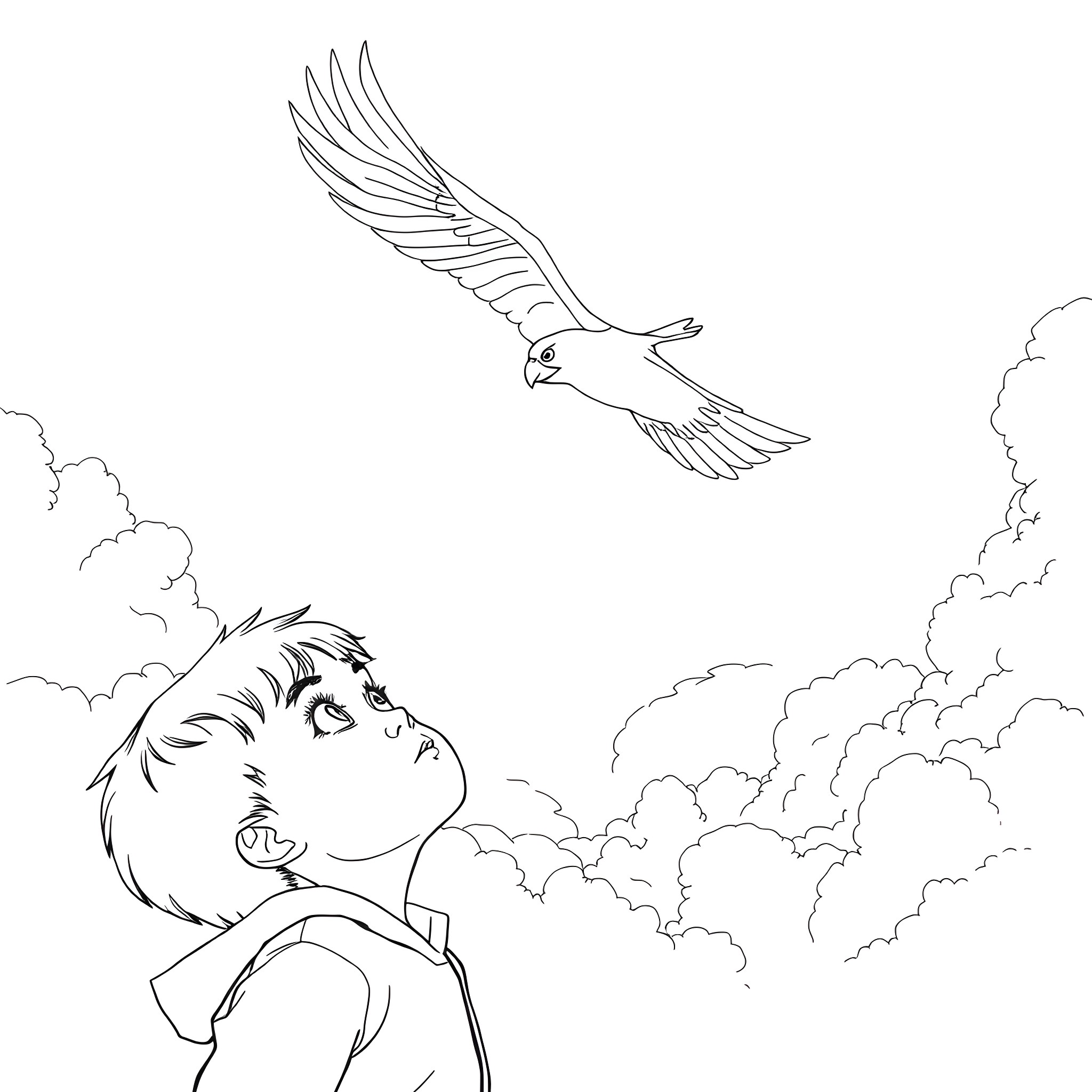 Child looks up at soaring bird in the sky Coloring Page (free black-and-white line drawing printable PDF for all, from beginners to advanced learners, including children, teens, adults, and seniors)