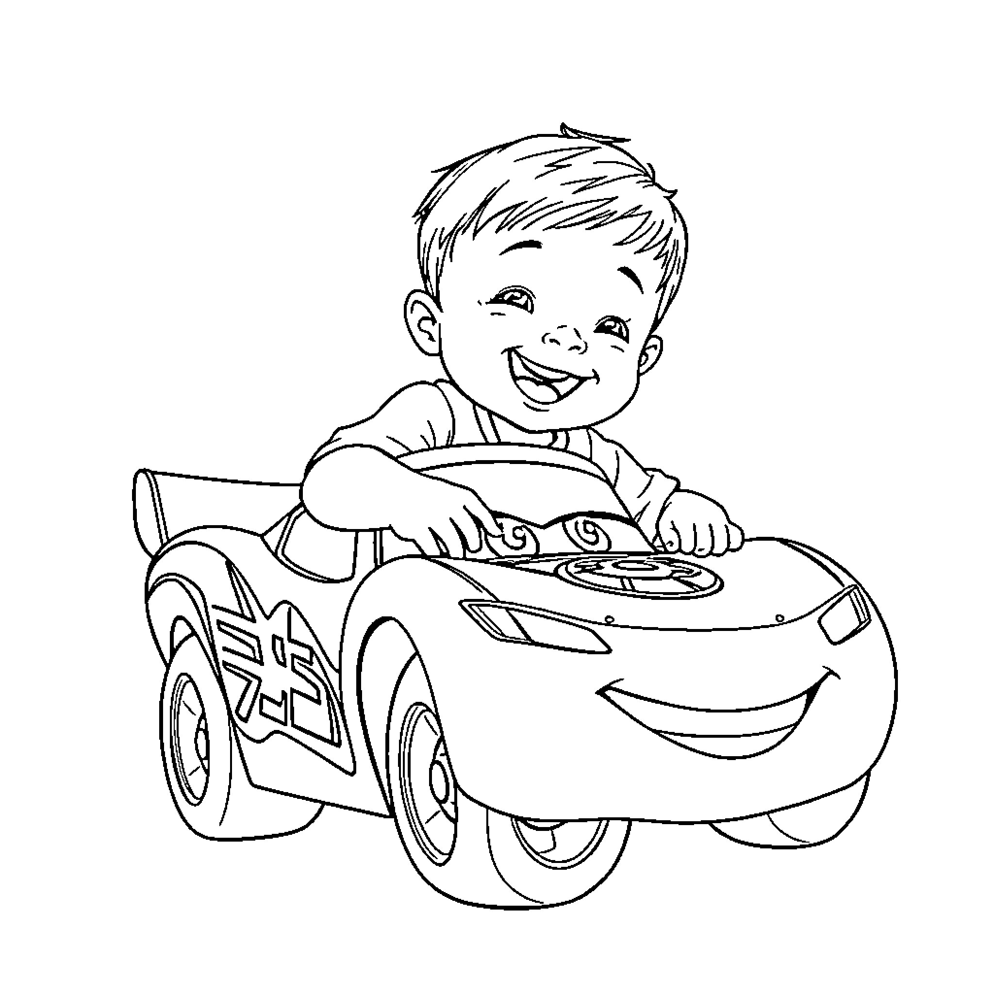 Lightning McQueen driving a toy car playfully Coloring Page (free black-and-white line drawing printable PDF for all, from beginners to advanced learners, including children, teens, adults, and seniors)