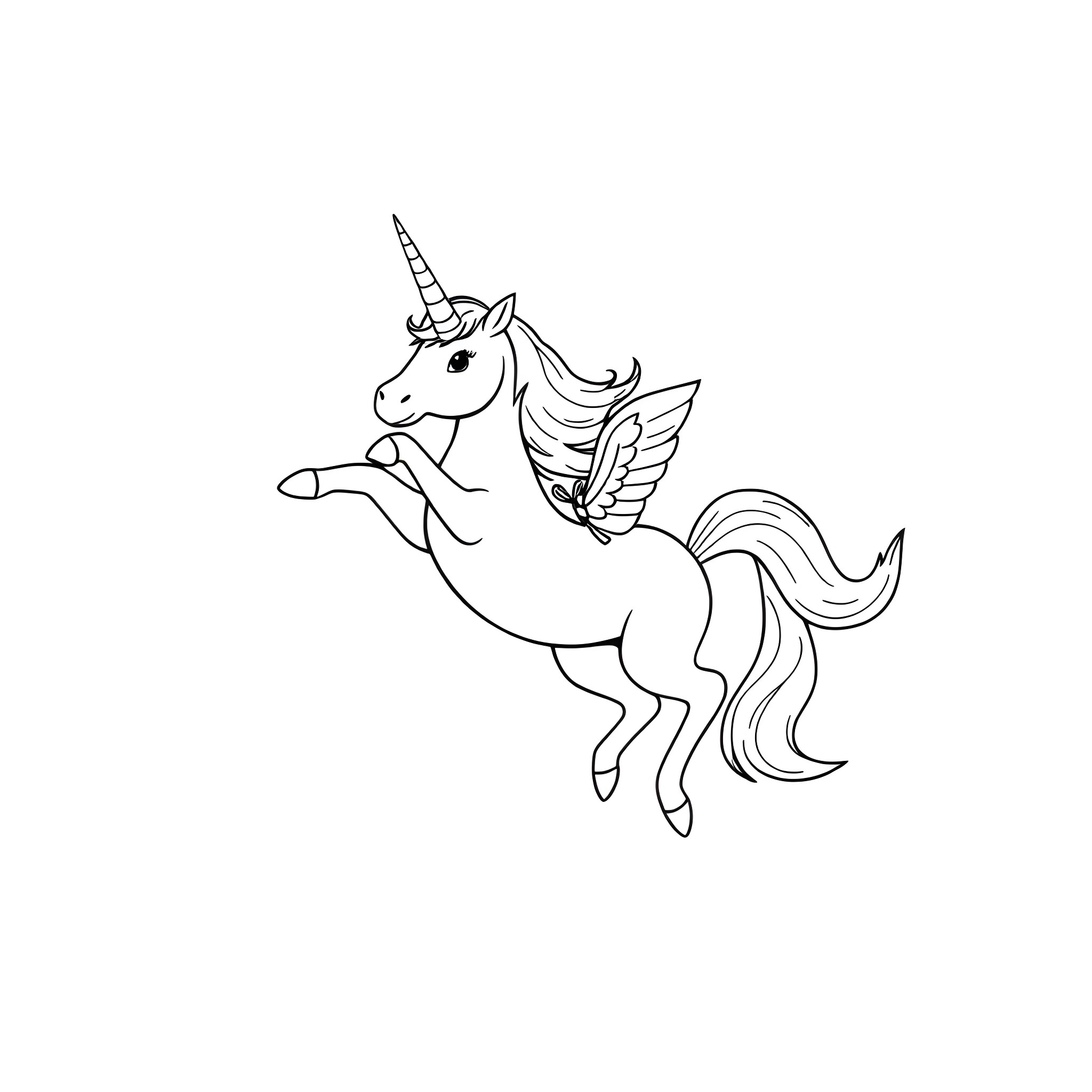 Unicorn flying gracefully through the air Coloring Page (free black-and-white line drawing printable PDF for all, from beginners to advanced learners, including children, teens, adults, and seniors)