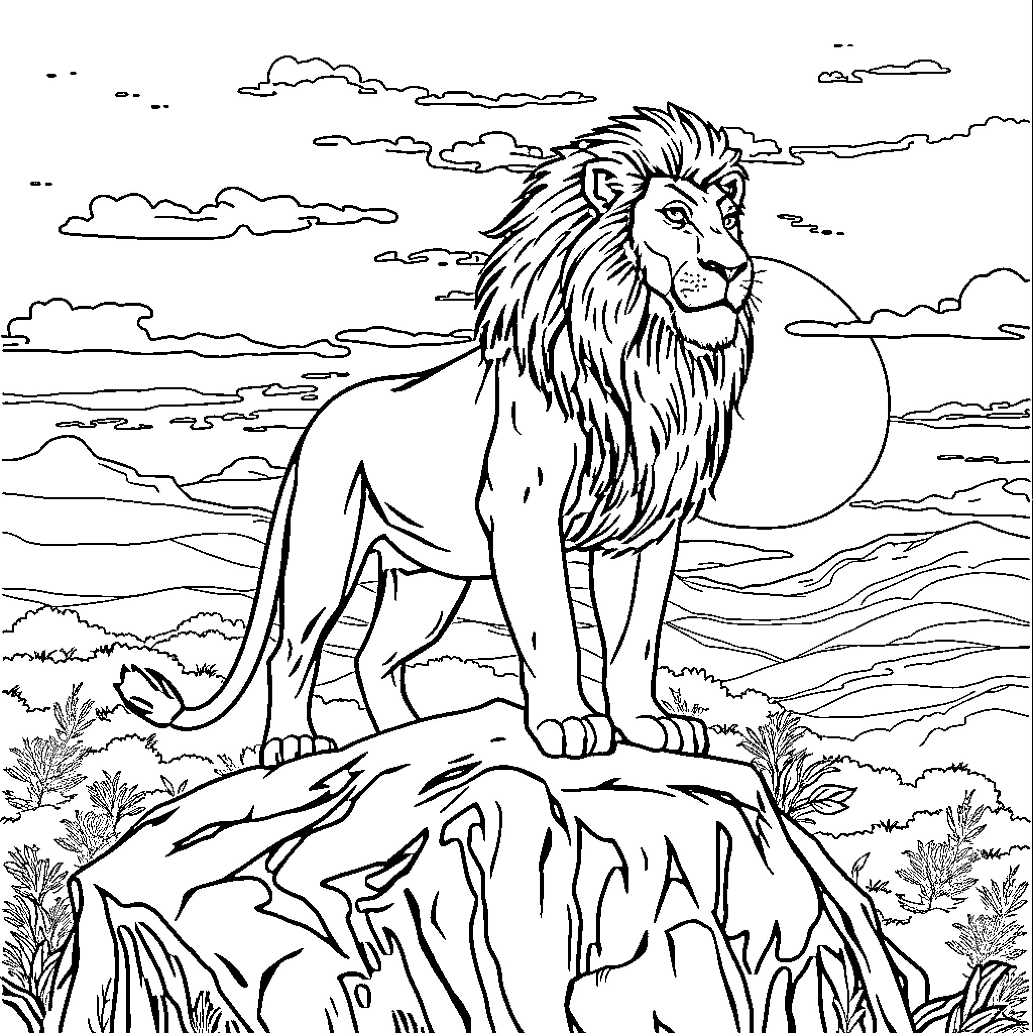 Lion standing majestically in the wild landscape Coloring Page (free black-and-white line drawing printable PDF for all, from beginners to advanced learners, including children, teens, adults, and seniors)
