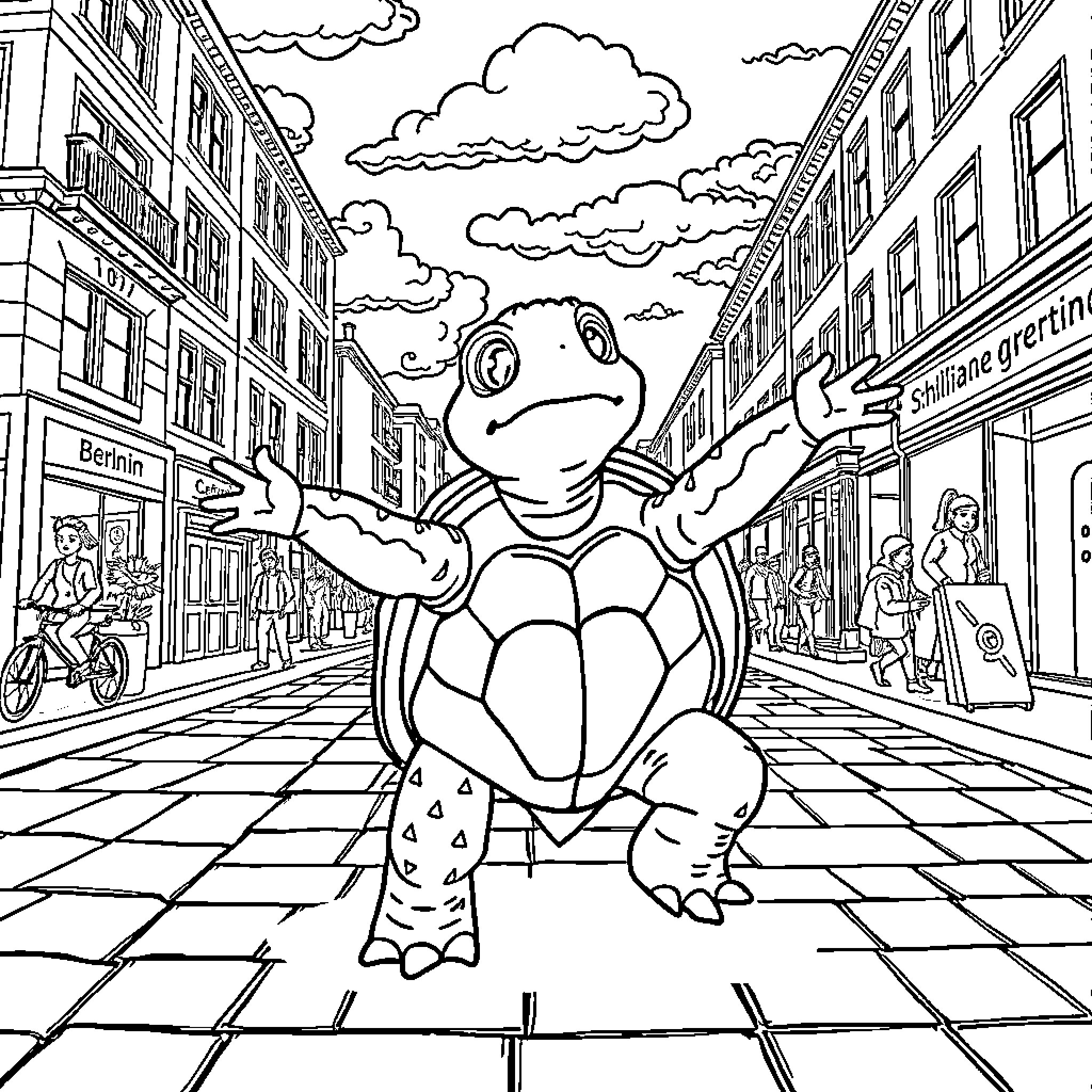 Turtle exploring a lively city street Coloring Page (free black-and-white line drawing printable PDF for all, from beginners to advanced learners, including children, teens, adults, and seniors)