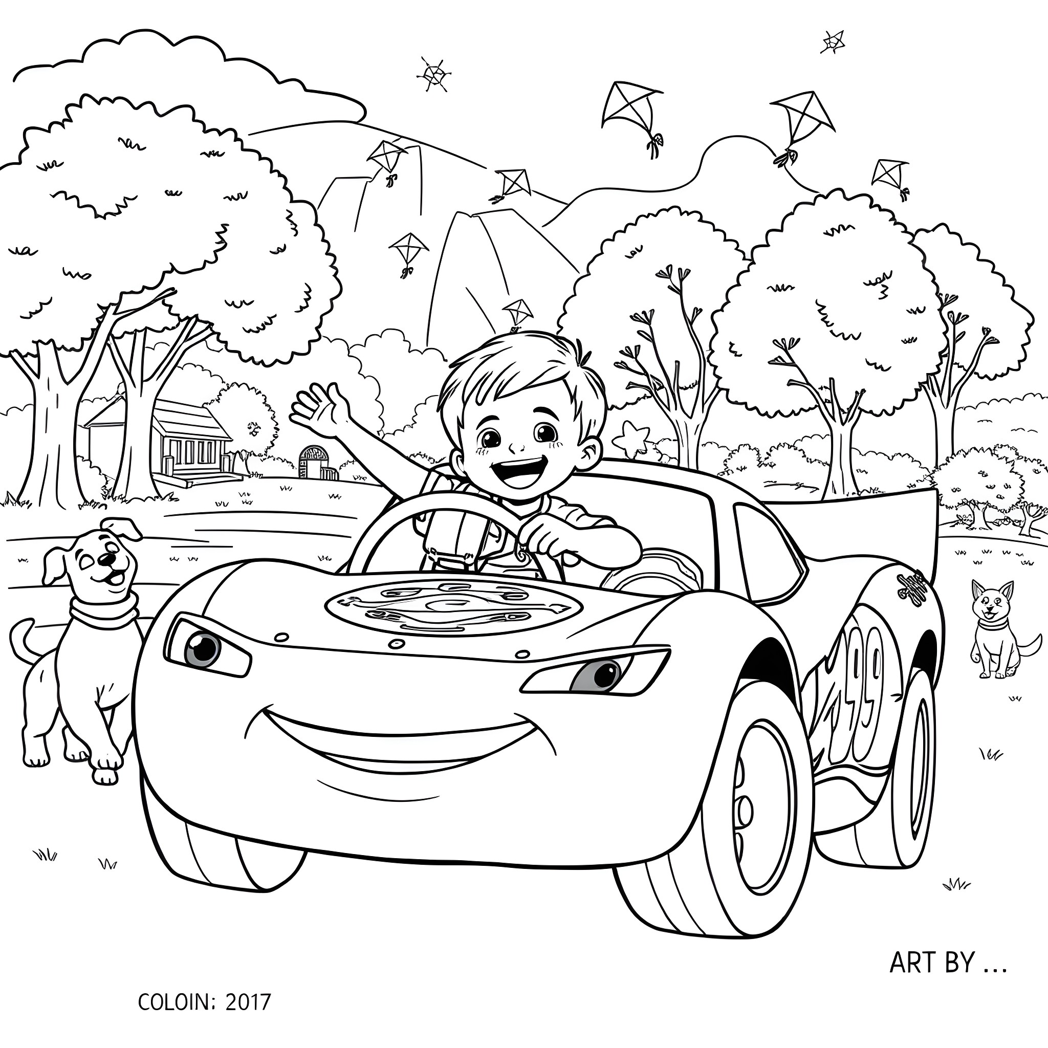 Lightning McQueen enjoying a day of fun and adventure Coloring Page (free black-and-white line drawing printable PDF for all, from beginners to advanced learners, including children, teens, adults, and seniors)