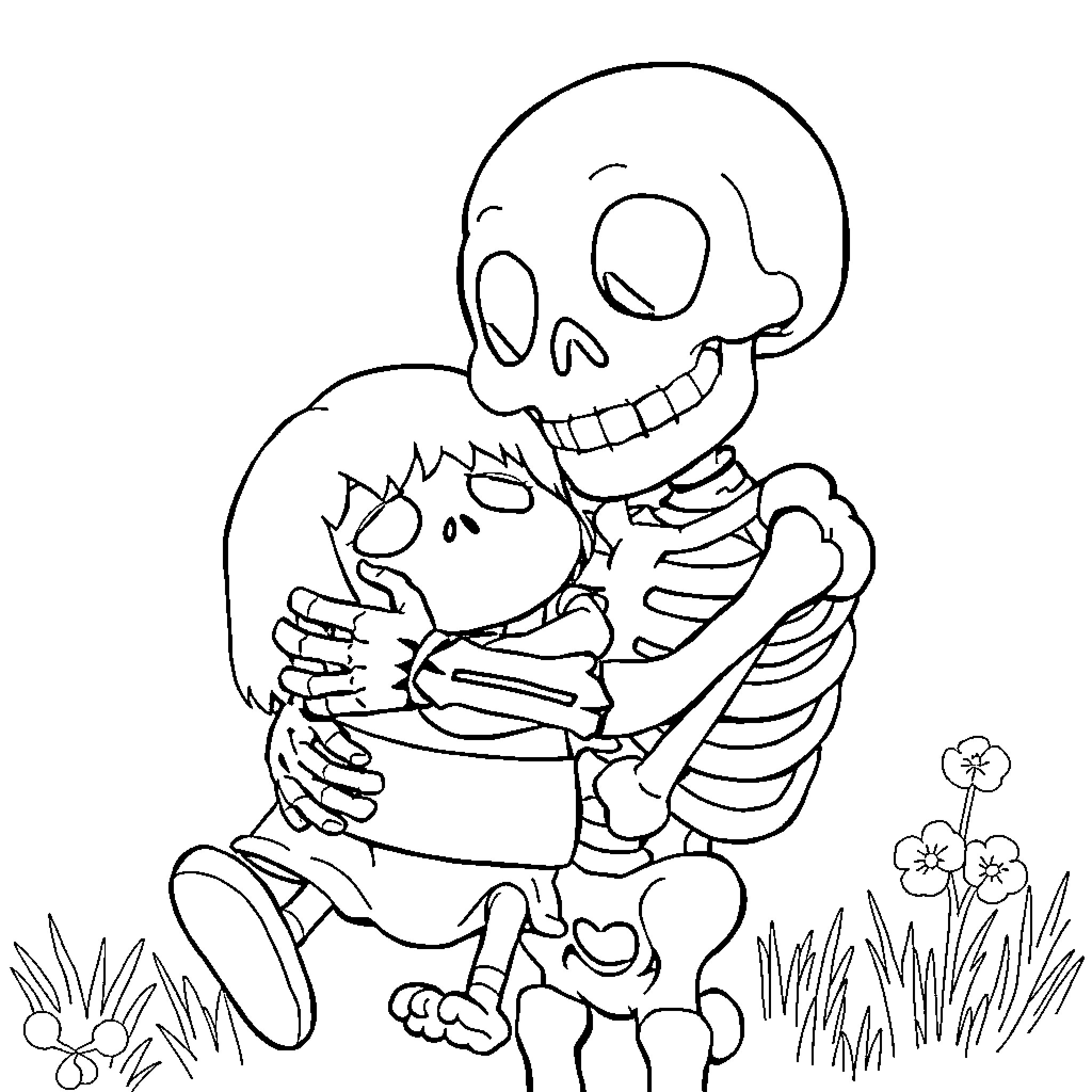 Sans cheerful skeleton embracing child in field Coloring Page (free black-and-white line drawing printable PDF for all, from beginners to advanced learners, including children, teens, adults, and seniors)