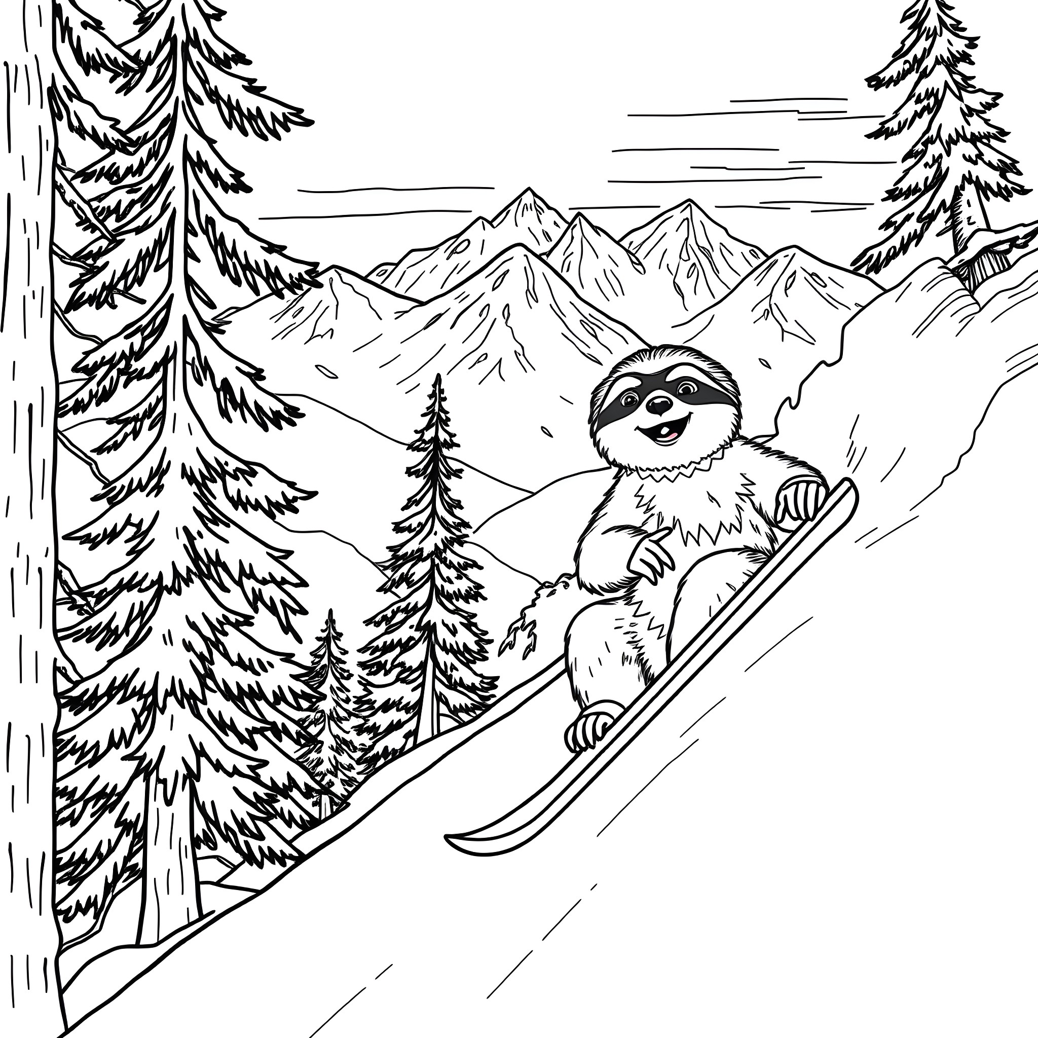 Sid skiing down the snowy mountain slopes Coloring Page (free black-and-white line drawing printable PDF for all, from beginners to advanced learners, including children, teens, adults, and seniors)