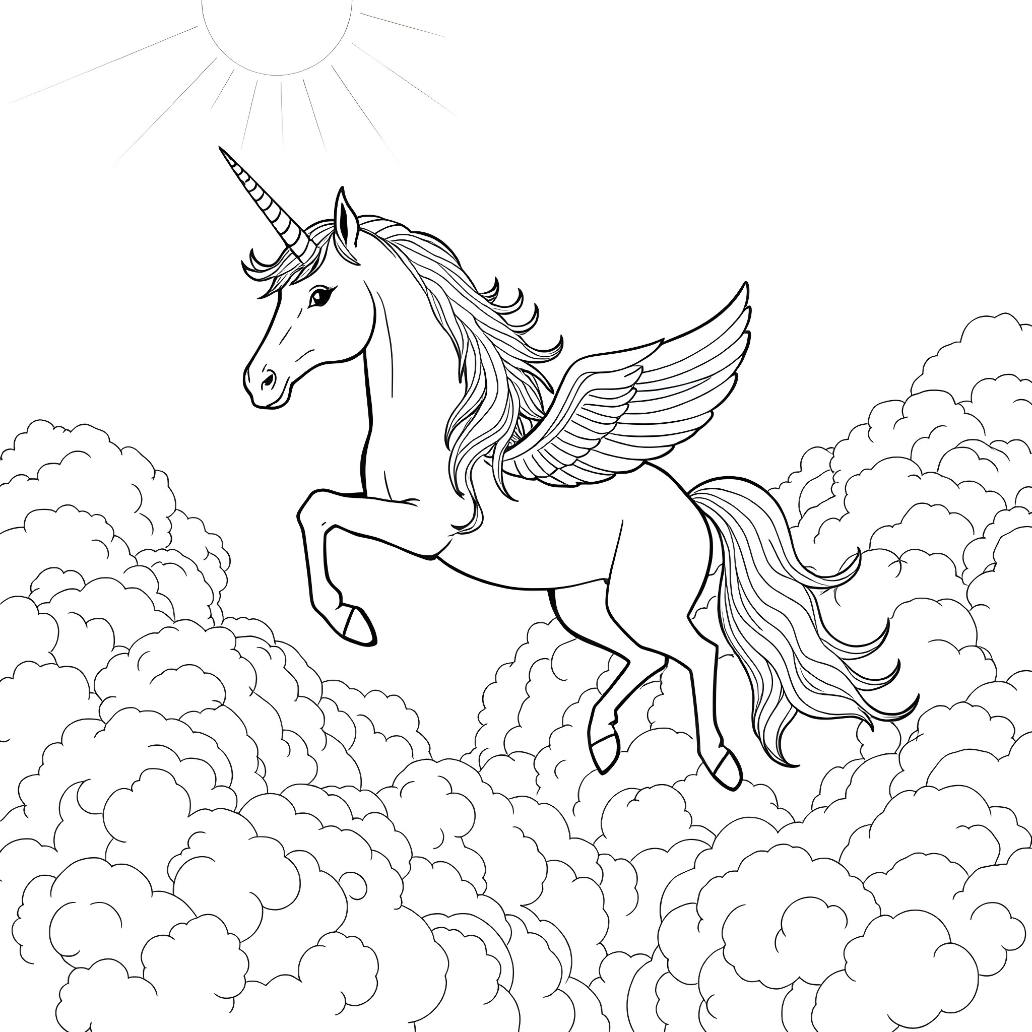 Unicorn flying gracefully through the clouds Coloring Page (free black-and-white line drawing printable PDF for all, from beginners to advanced learners, including children, teens, adults, and seniors)