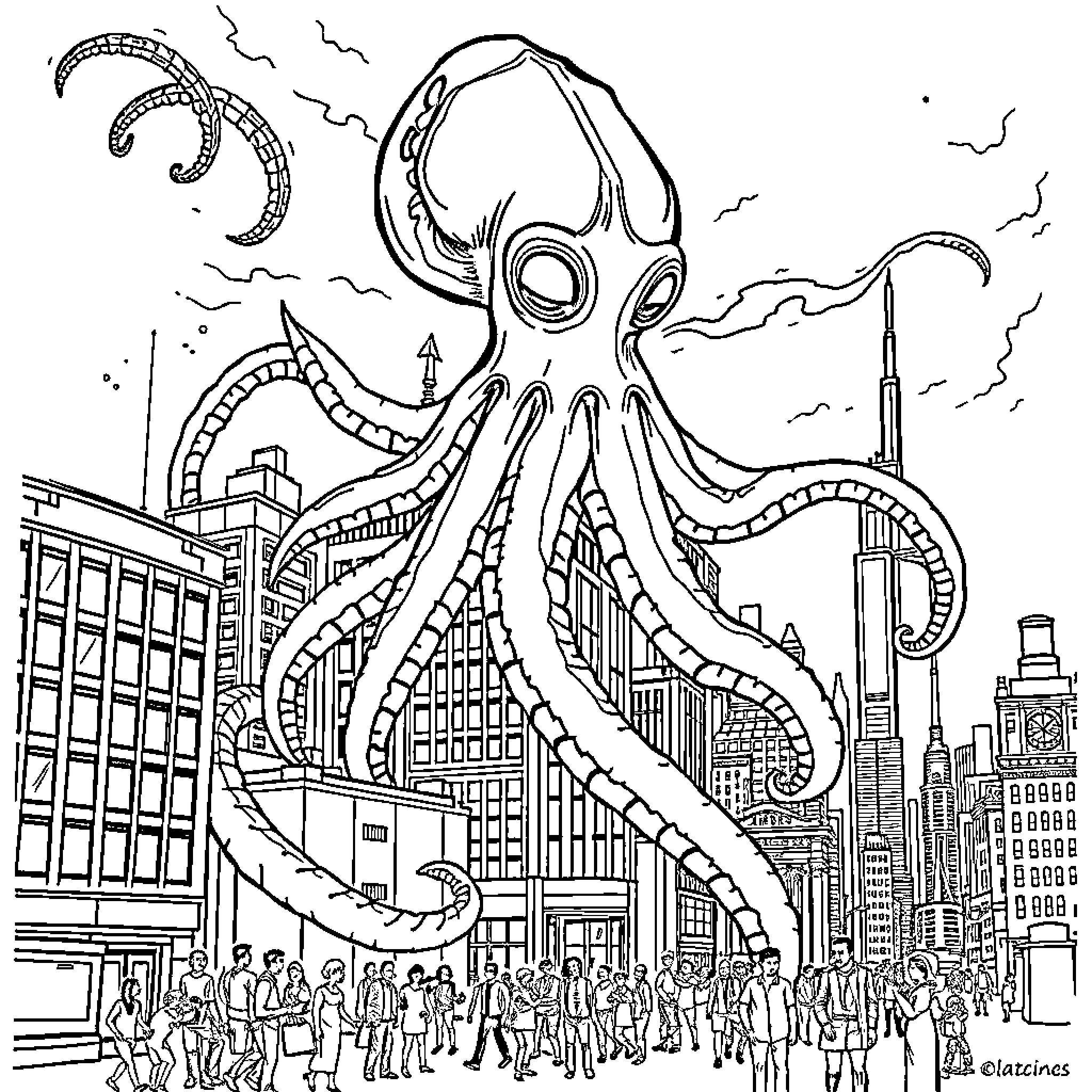 Squid-like creature invading the city Coloring Page (free black-and-white line drawing printable PDF for all, from beginners to advanced learners, including children, teens, adults, and seniors)
