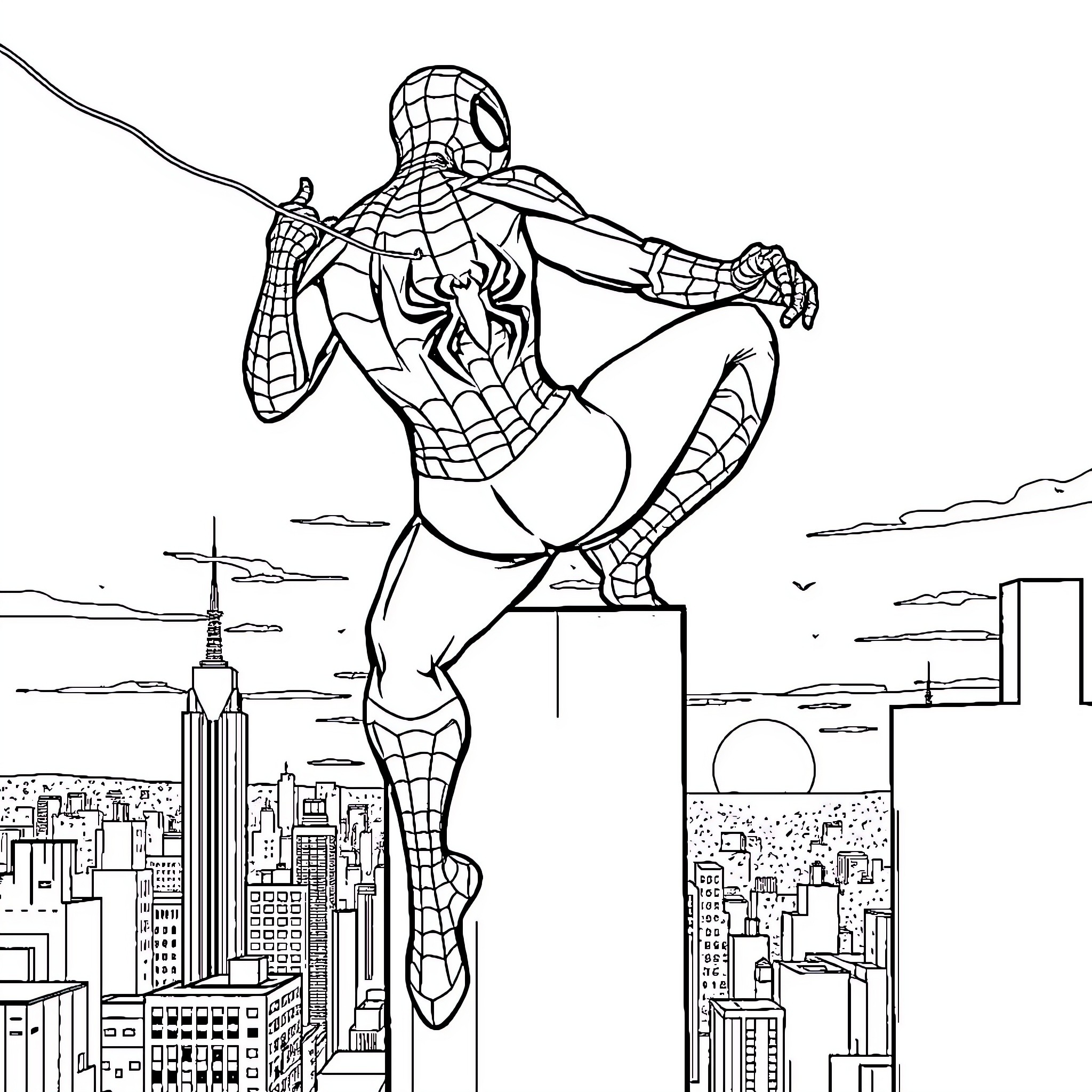 Spiderman swinging through the city skyline Coloring Page (free black-and-white line drawing printable PDF for all, from beginners to advanced learners, including children, teens, adults, and seniors)