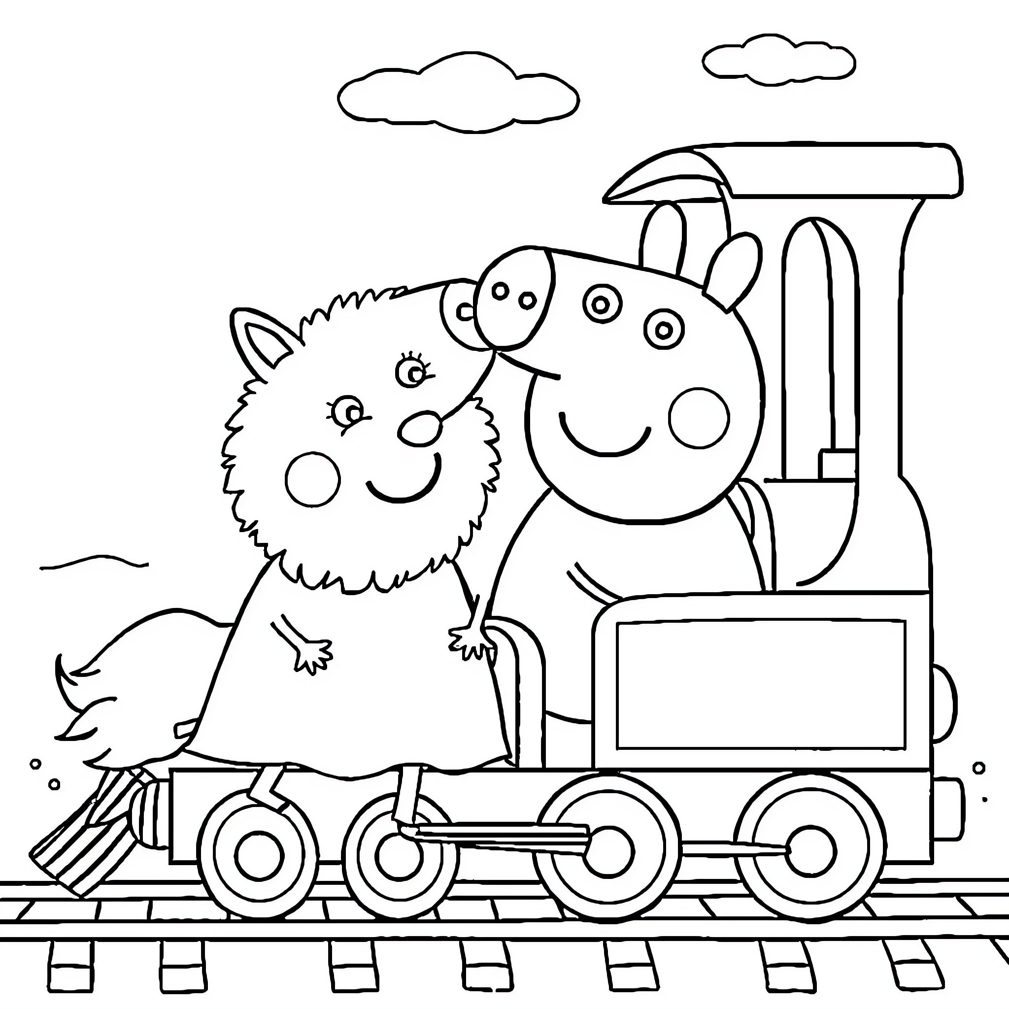 Snow Fox riding a train with Peppa Pig Coloring Page (free black-and-white line drawing printable PDF for all, from beginners to advanced learners, including children, teens, adults, and seniors)