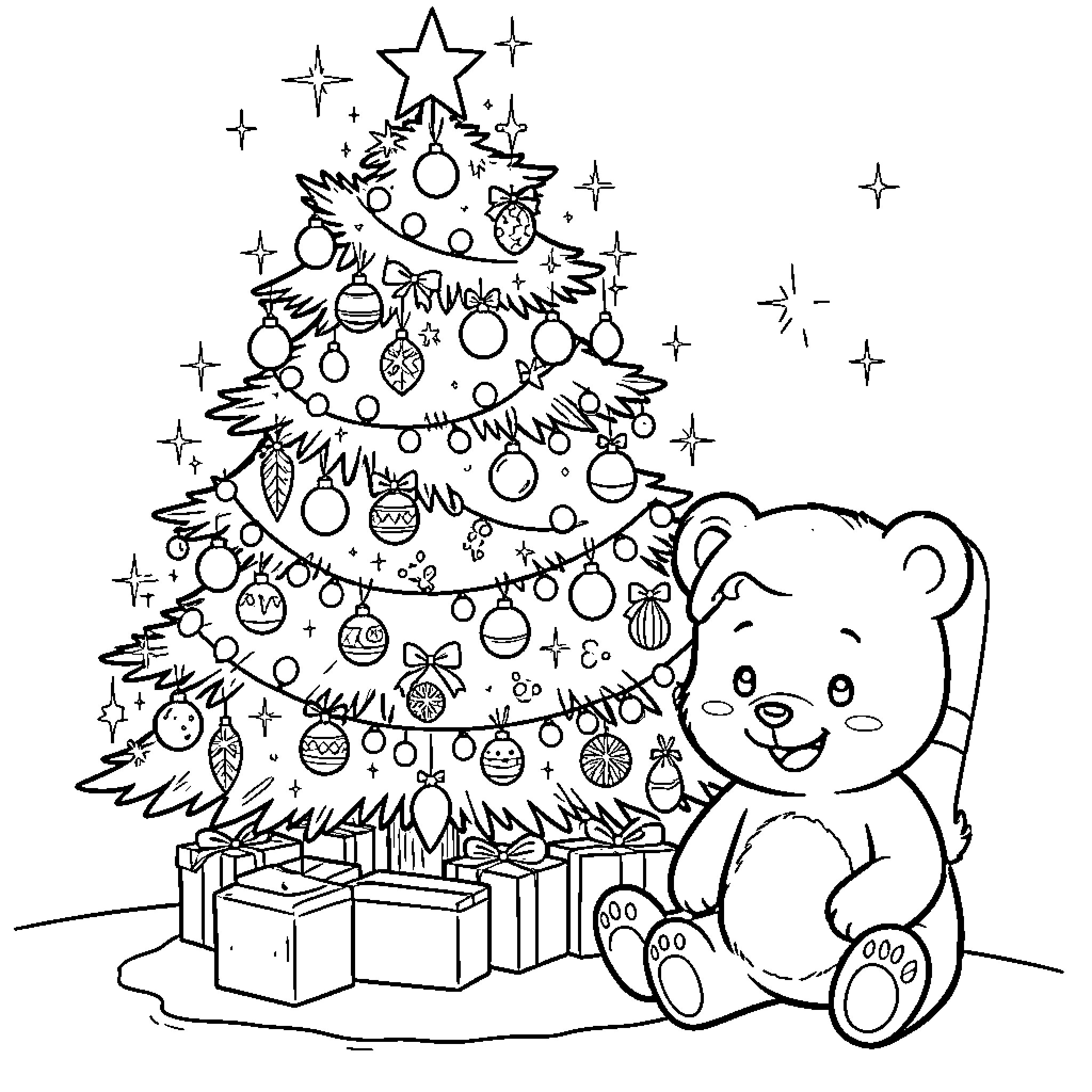 Brown Bear sitting next to a decorated Christmas tree Coloring Page (free black-and-white line drawing printable PDF for all, from beginners to advanced learners, including children, teens, adults, and seniors)