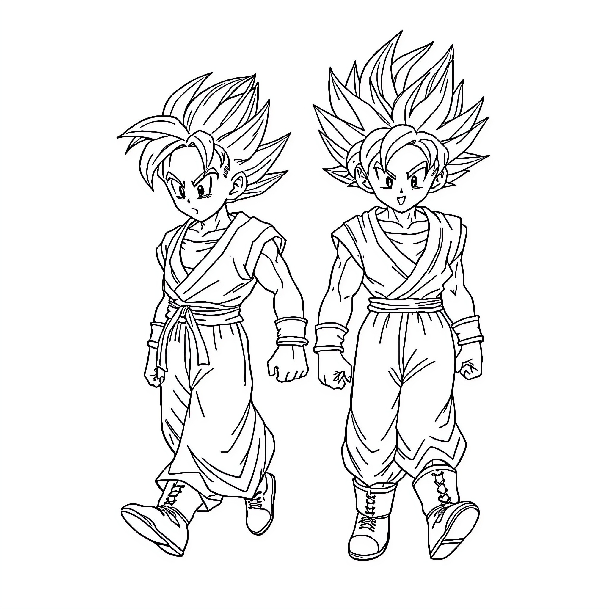 Songoku characters in battle-ready stances Coloring Page (free black-and-white line drawing printable PDF for all, from beginners to advanced learners, including children, teens, adults, and seniors)