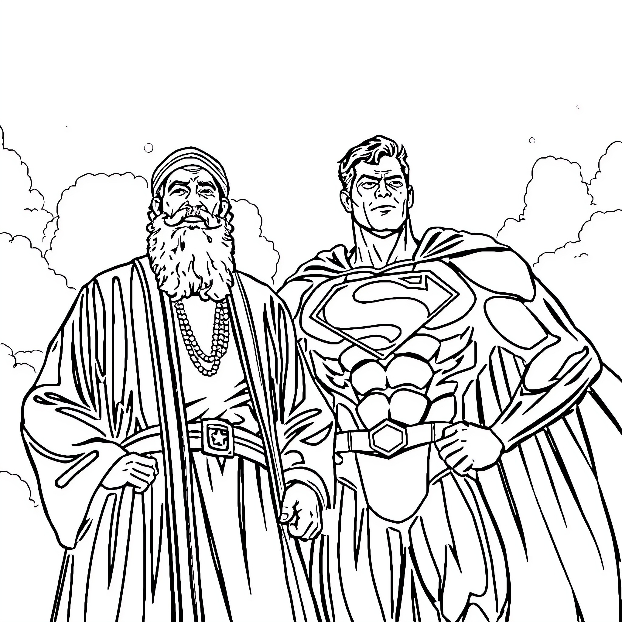 Rumi and Superman in the Clouds Coloring Page (free black-and-white line drawing printable PDF for all, from beginners to advanced learners, including children, teens, adults, and seniors)