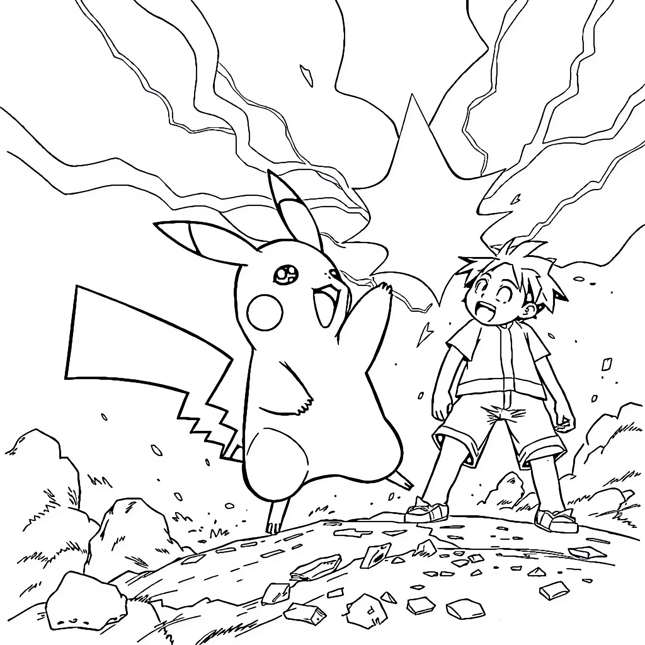 Pikachu charging up its powerful electricity for a battle Coloring Page (free black-and-white line drawing printable PDF for all, from beginners to advanced learners, including children, teens, adults, and seniors)