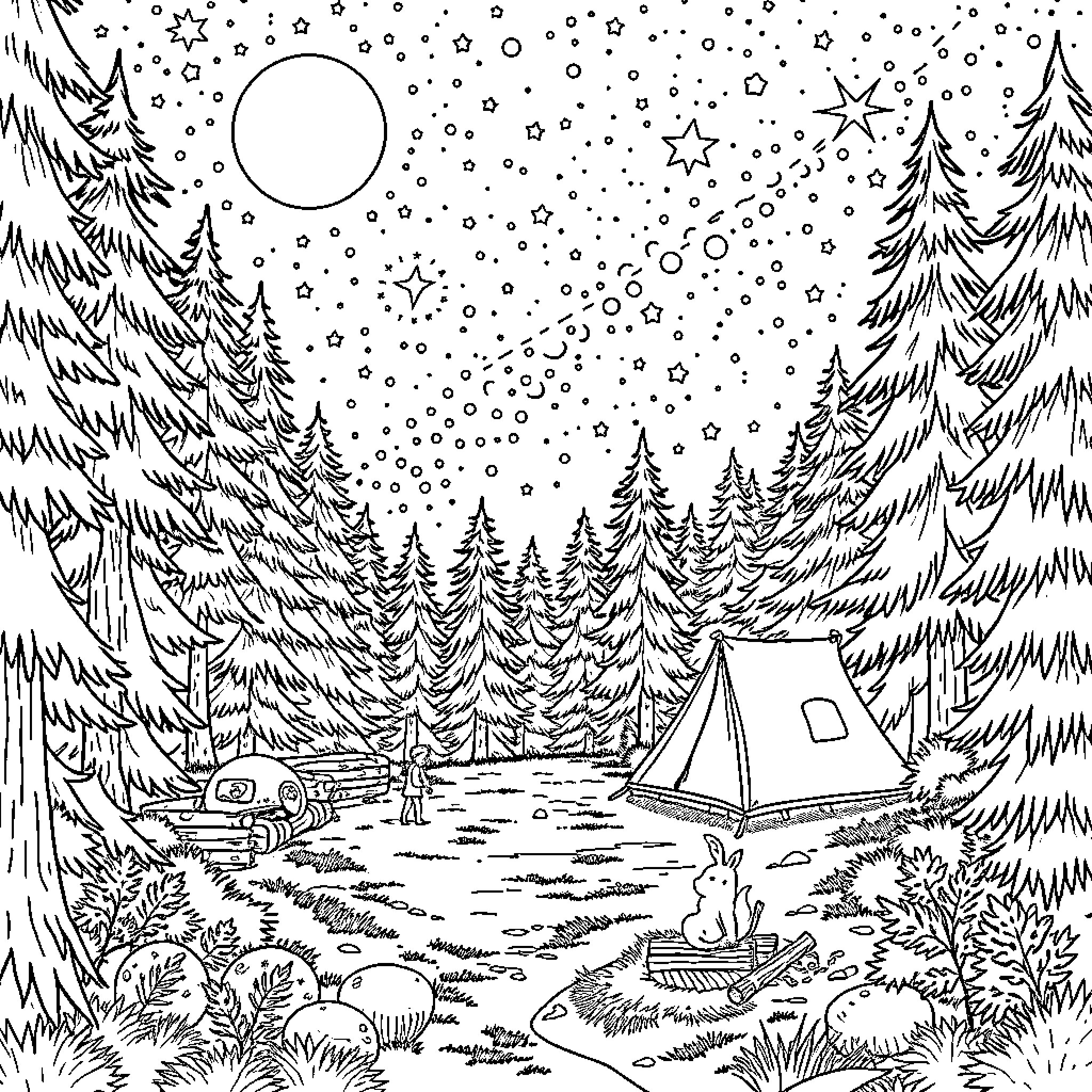 Night Camping Adventure Under the Starry Sky Coloring Page (free black-and-white line drawing printable PDF for all, from beginners to advanced learners, including children, teens, adults, and seniors)