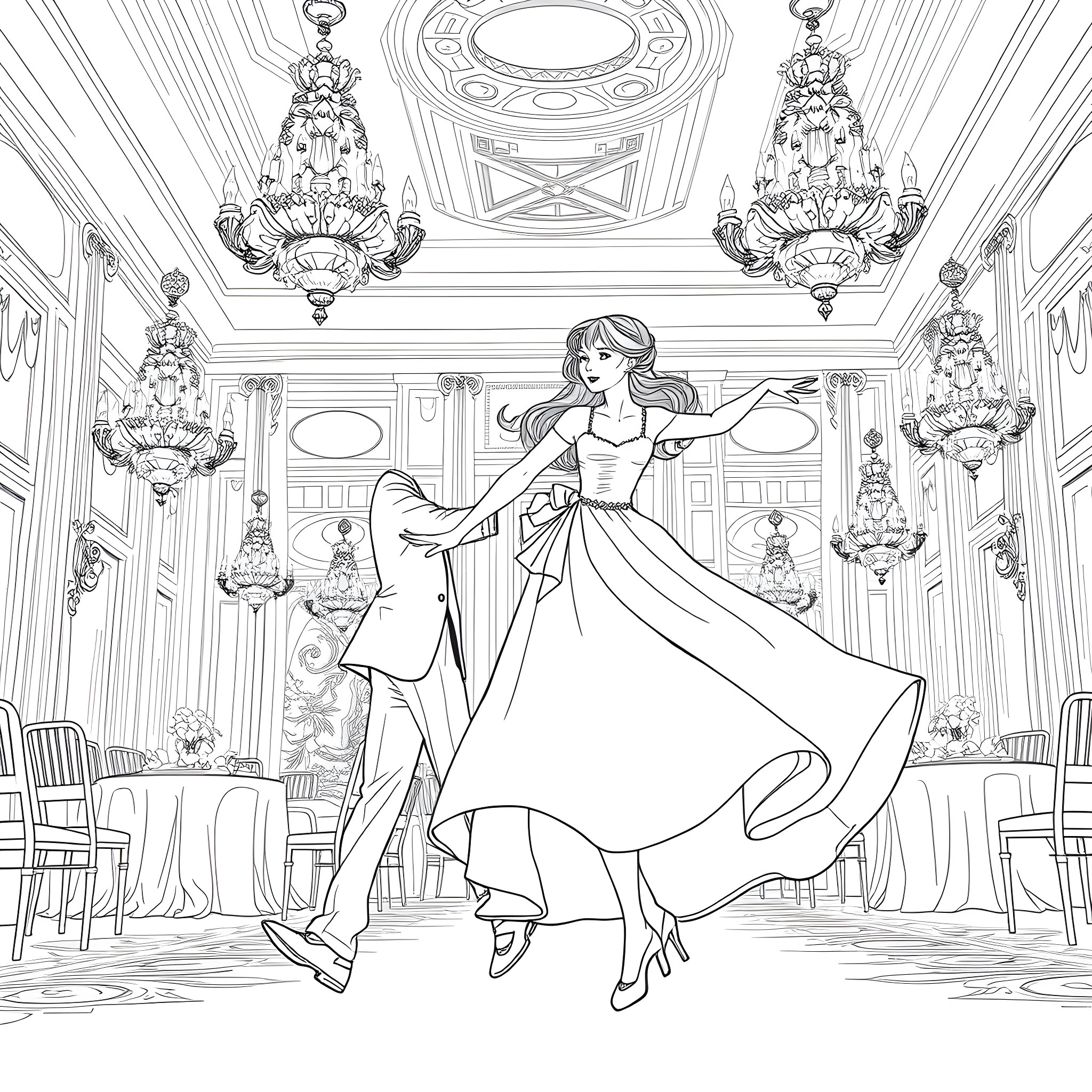 Girl dancing gracefully in an elegant ballroom Coloring Page (free black-and-white line drawing printable PDF for all, from beginners to advanced learners, including children, teens, adults, and seniors)