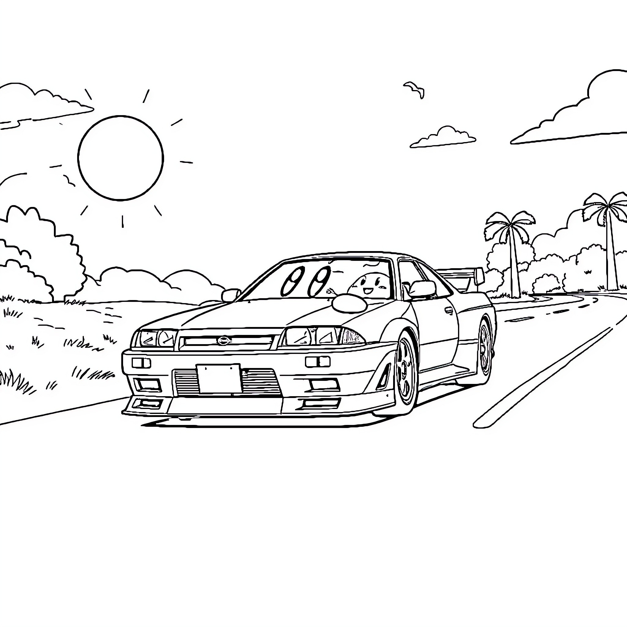 Kirby's Tropical Race Car Adventure Coloring Page (free black-and-white line drawing printable PDF for all, from beginners to advanced learners, including children, teens, adults, and seniors)