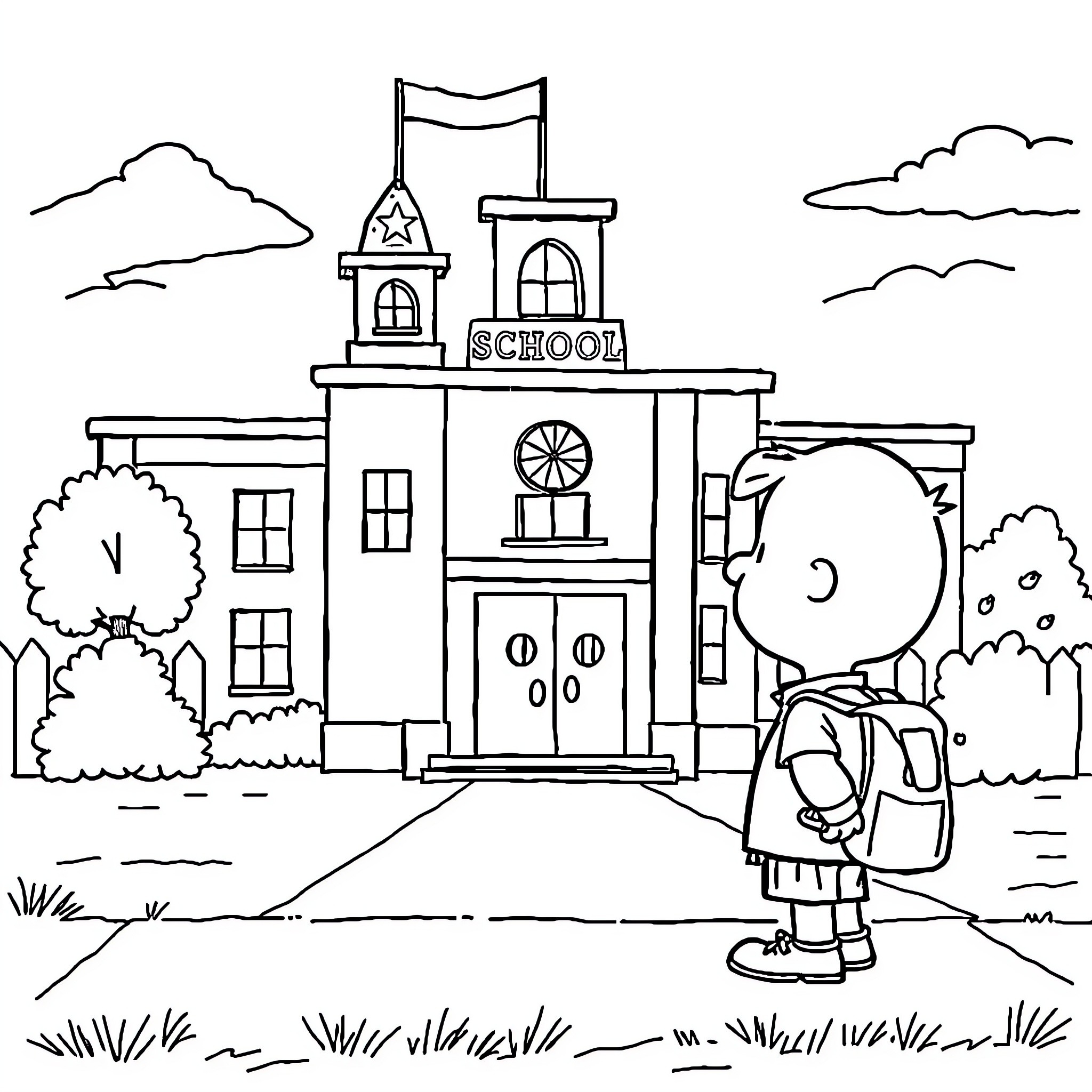 Charlie Brown walking to the school building Coloring Page (free black-and-white line drawing printable PDF for all, from beginners to advanced learners, including children, teens, adults, and seniors)