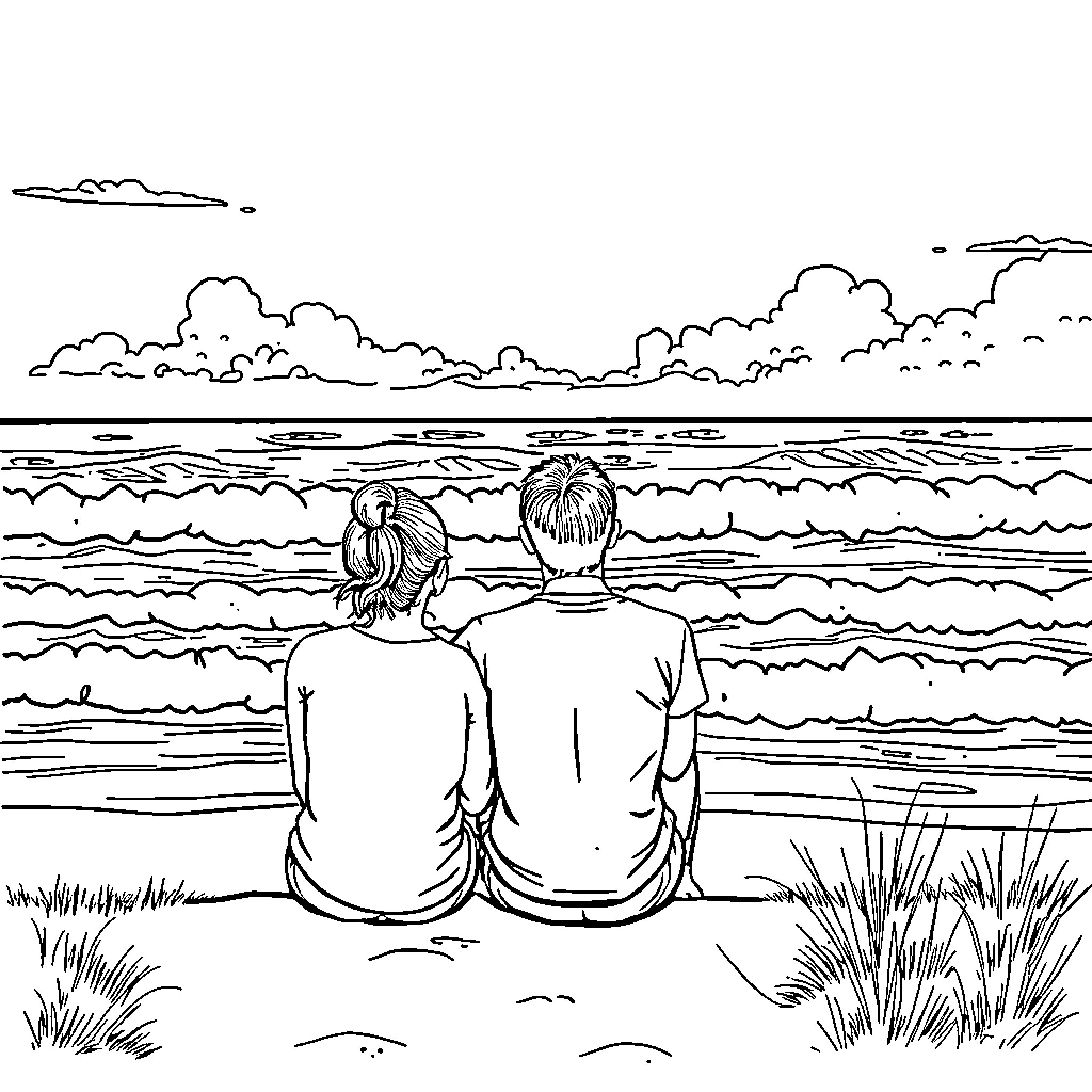 Couple enjoying a peaceful moment by the ocean Coloring Page (free black-and-white line drawing printable PDF for all, from beginners to advanced learners, including children, teens, adults, and seniors)