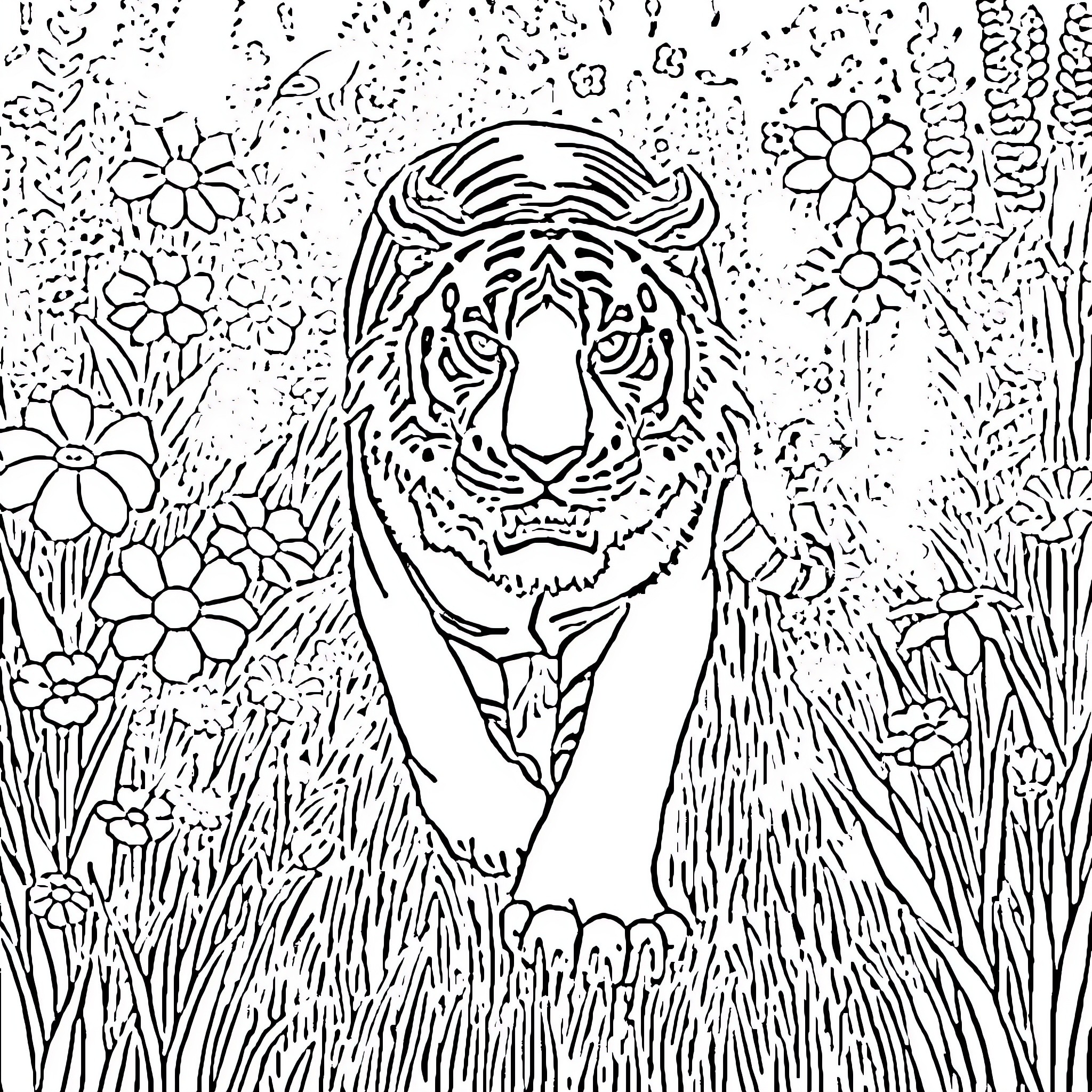 Tiger in a Floral Field Coloring Page (free black-and-white line drawing printable PDF for all, from beginners to advanced learners, including children, teens, adults, and seniors)