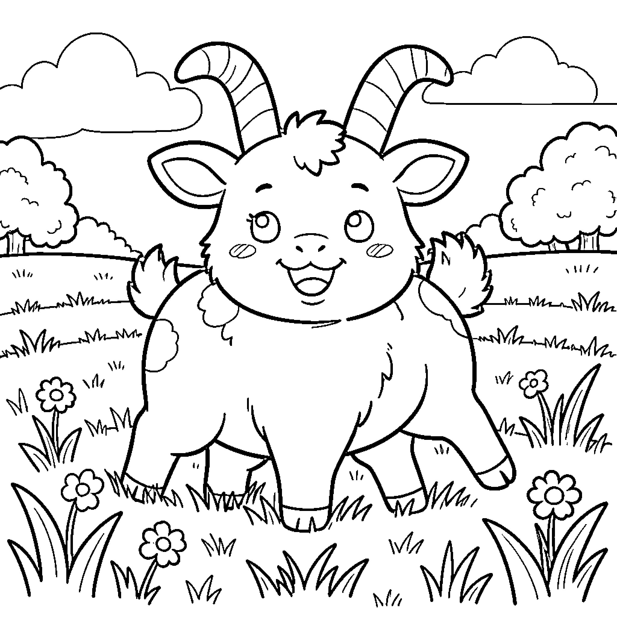 Farm Animal goat smiling happily in a meadow Coloring Page (free black-and-white line drawing printable PDF for all, from beginners to advanced learners, including children, teens, adults, and seniors)