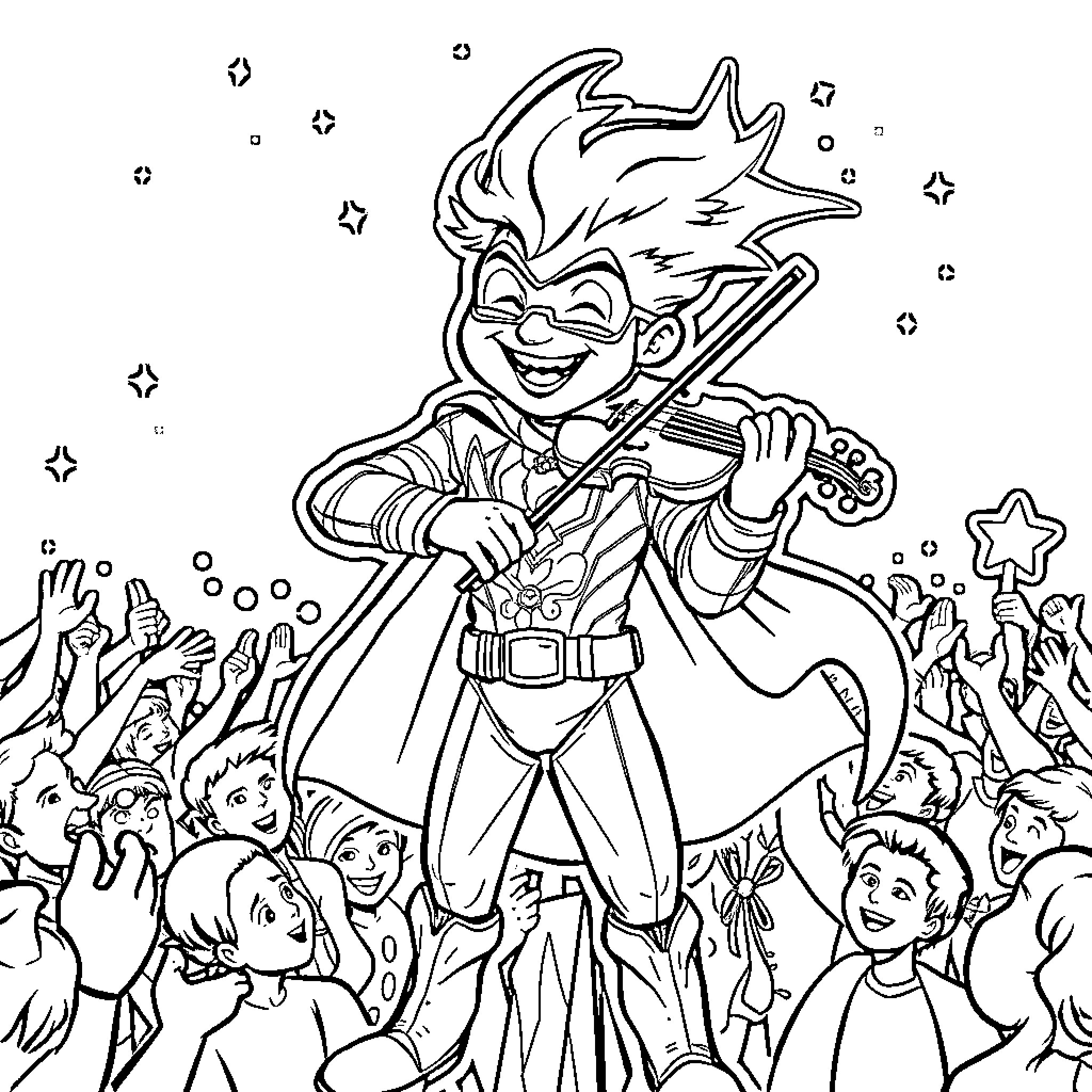 Superhero Violinist Performing for Cheering Crowd Coloring Page (free black-and-white line drawing printable PDF for all, from beginners to advanced learners, including children, teens, adults, and seniors)