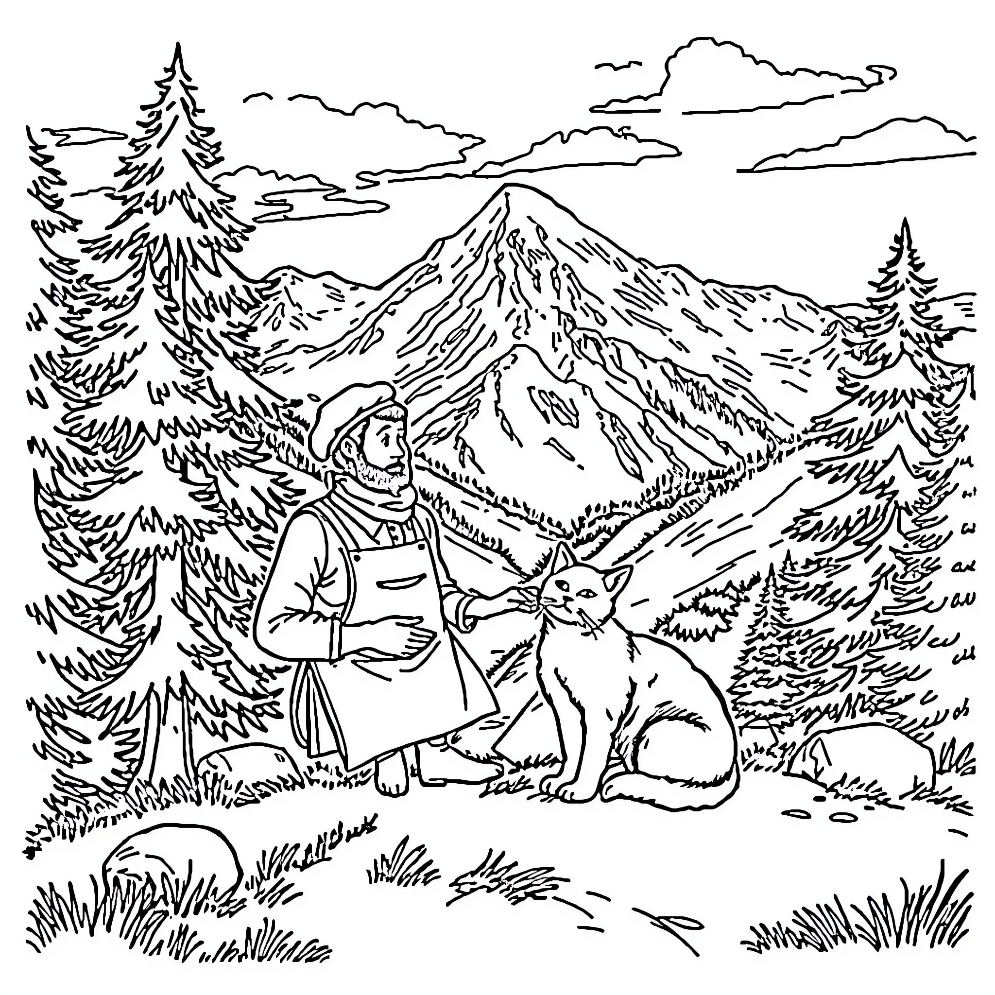 Traiteur's Wilderness Adventure with Companion Coloring Page (free black-and-white line drawing printable PDF for all, from beginners to advanced learners, including children, teens, adults, and seniors)