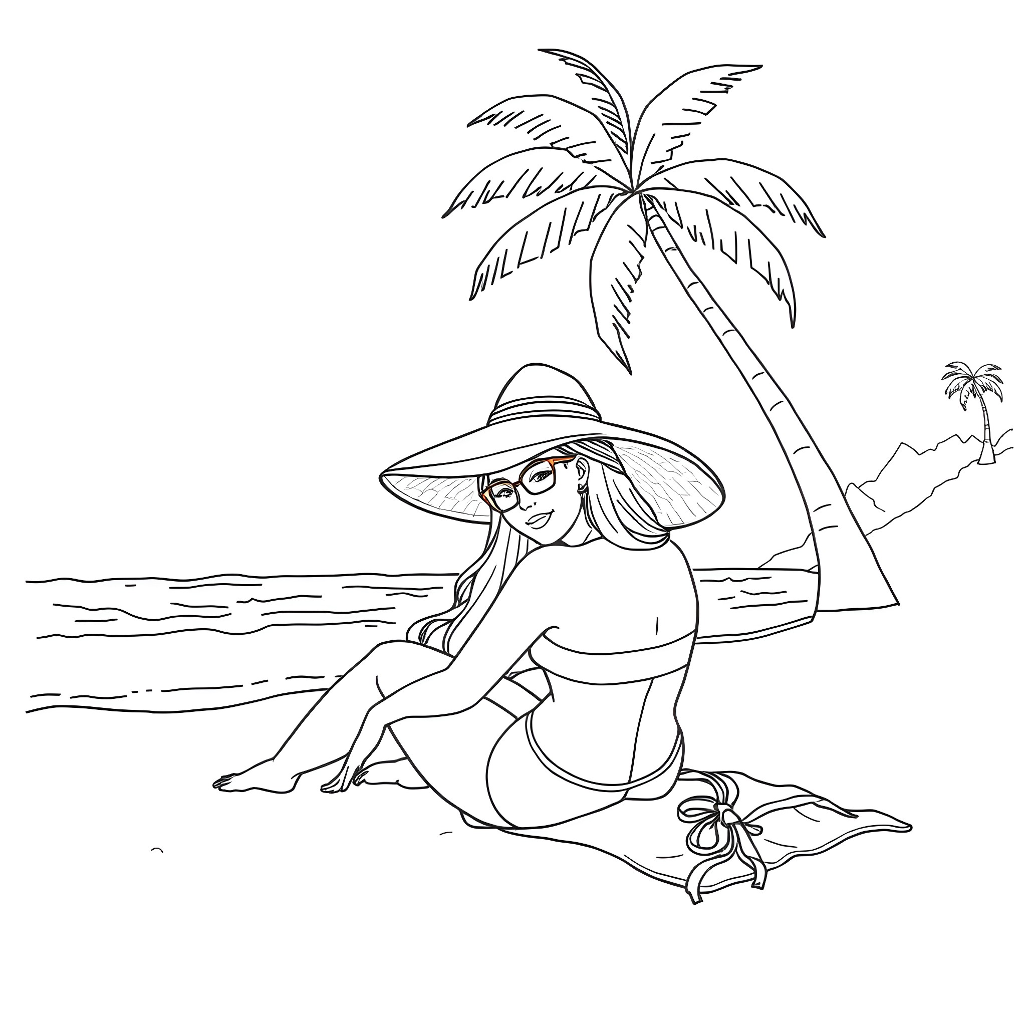 Chel relaxing on the beach under the palm trees Coloring Page (free black-and-white line drawing printable PDF for all, from beginners to advanced learners, including children, teens, adults, and seniors)