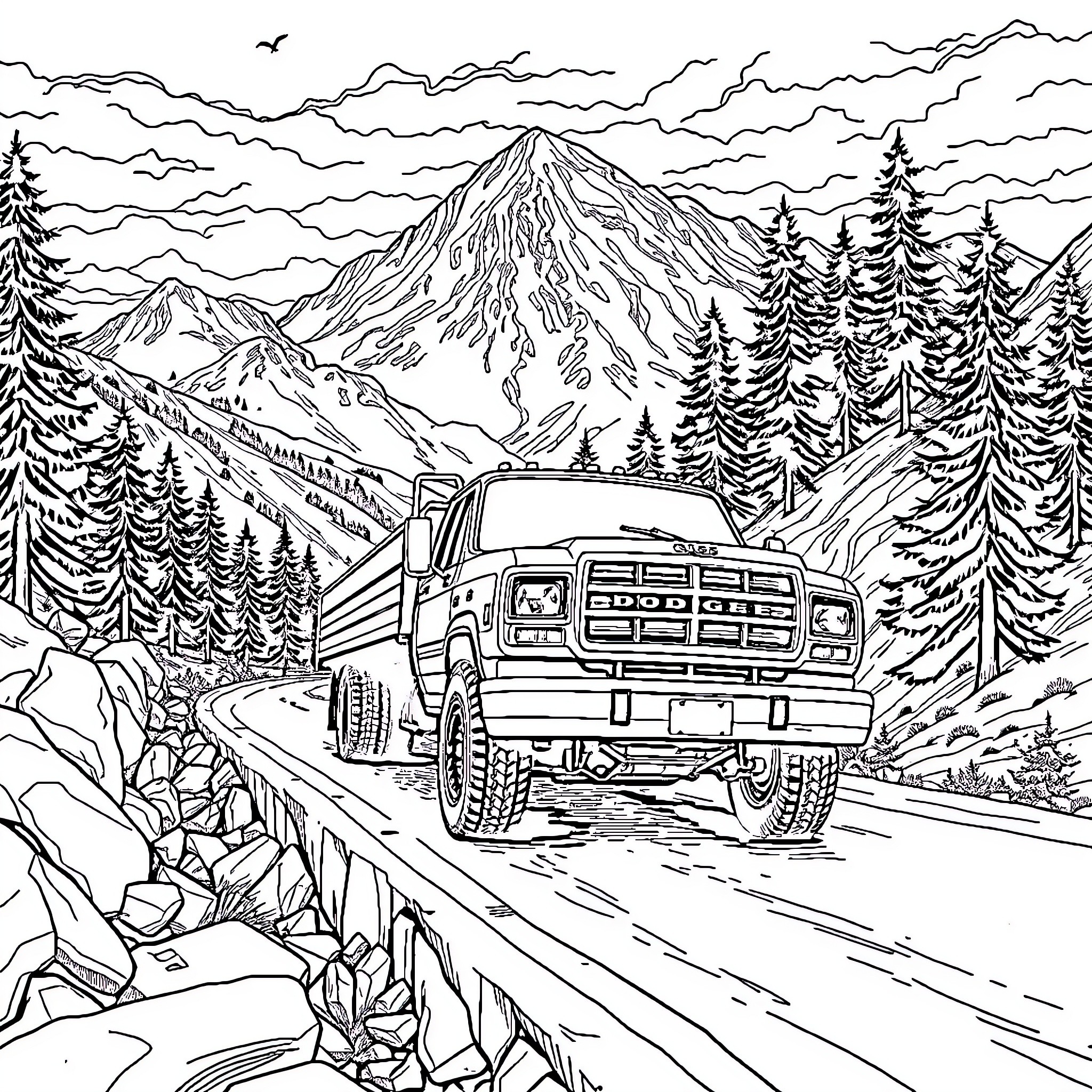 Dodge Ram off-road adventure in the mountains Coloring Page (free black-and-white line drawing printable PDF for all, from beginners to advanced learners, including children, teens, adults, and seniors)