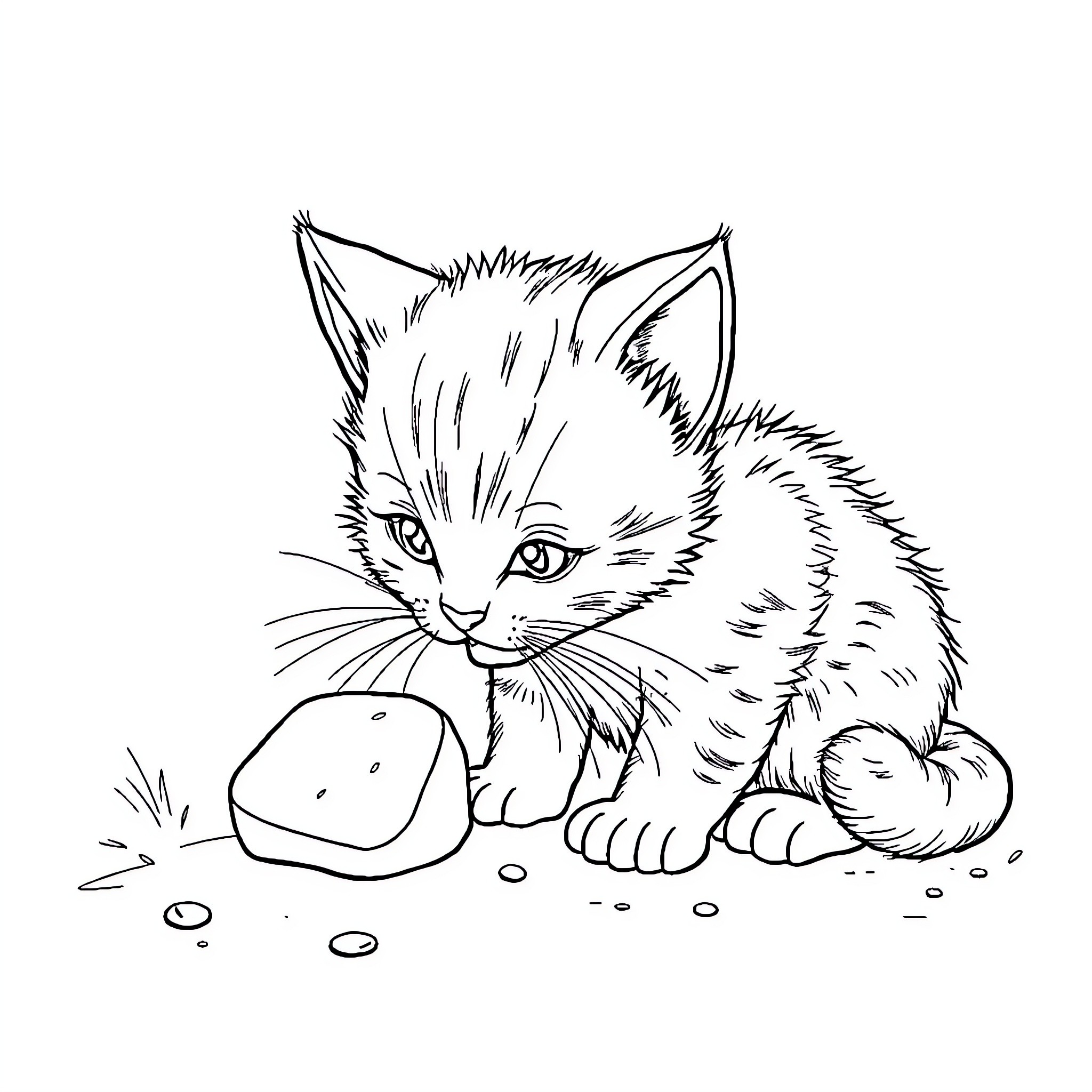 Cat playing with a toy near stones Coloring Page (free black-and-white line drawing printable PDF for all, from beginners to advanced learners, including children, teens, adults, and seniors)