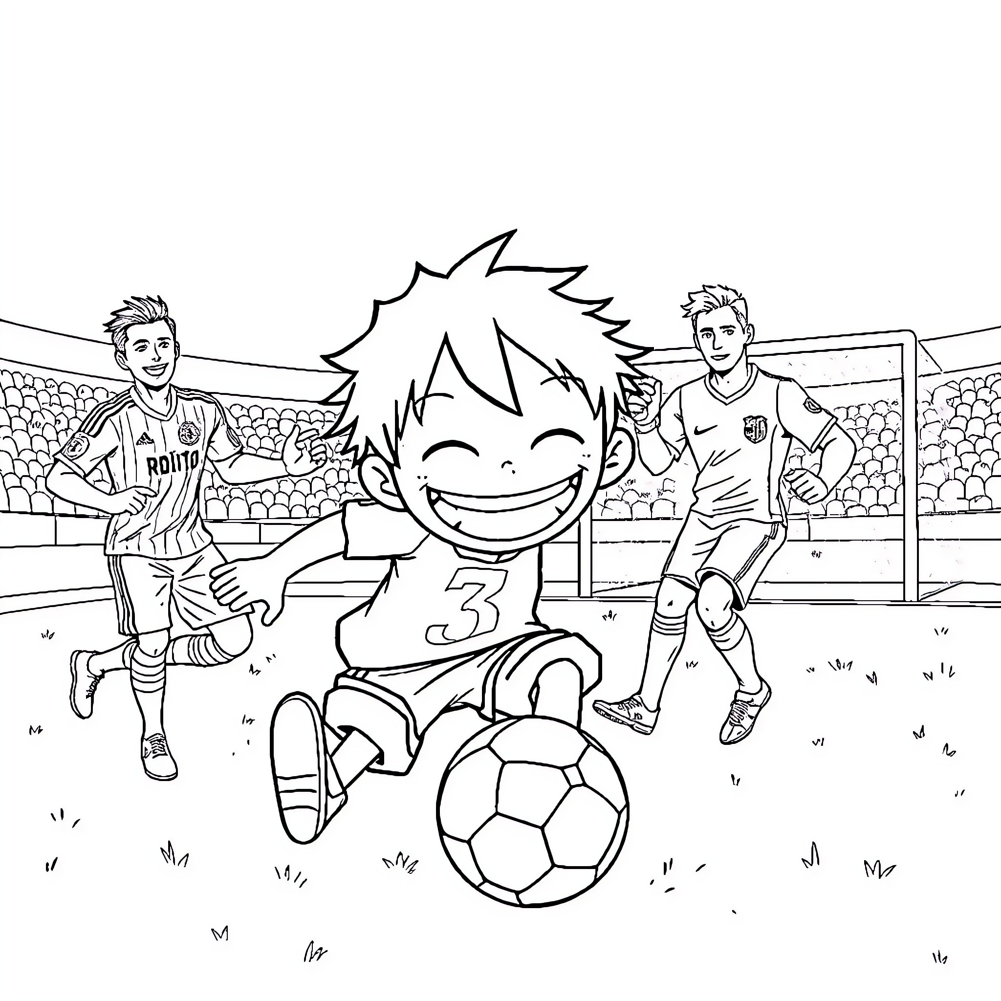 Luffy playing soccer with friends on the field Coloring Page (free black-and-white line drawing printable PDF for all, from beginners to advanced learners, including children, teens, adults, and seniors)