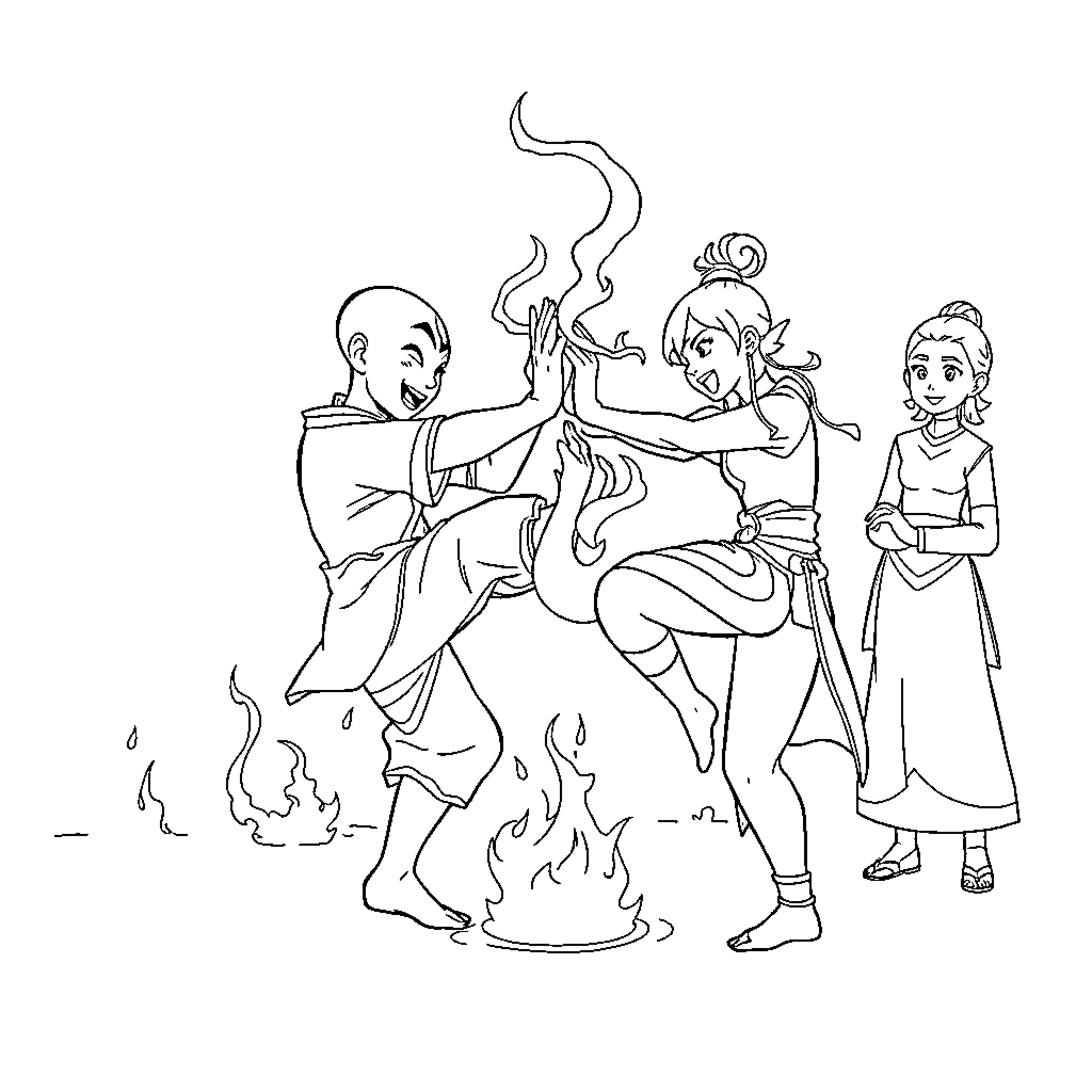 Zuko and friends in action-packed scene Coloring Page (free black-and-white line drawing printable PDF for all, from beginners to advanced learners, including children, teens, adults, and seniors)