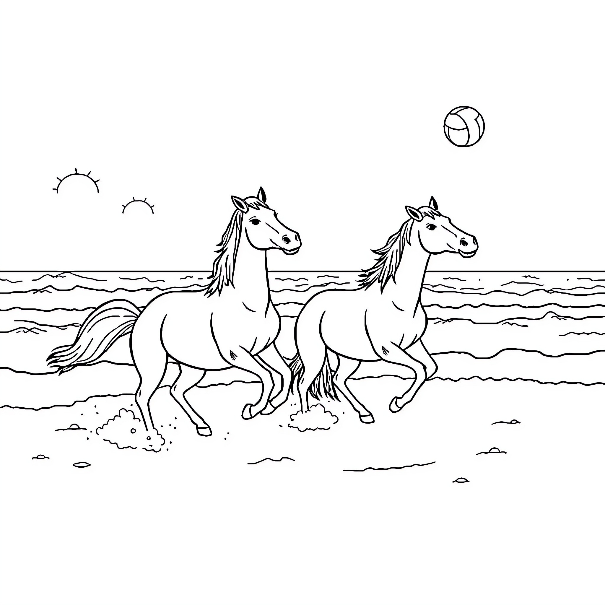Horses galloping freely on the beach Coloring Page (free black-and-white line drawing printable PDF for all, from beginners to advanced learners, including children, teens, adults, and seniors)