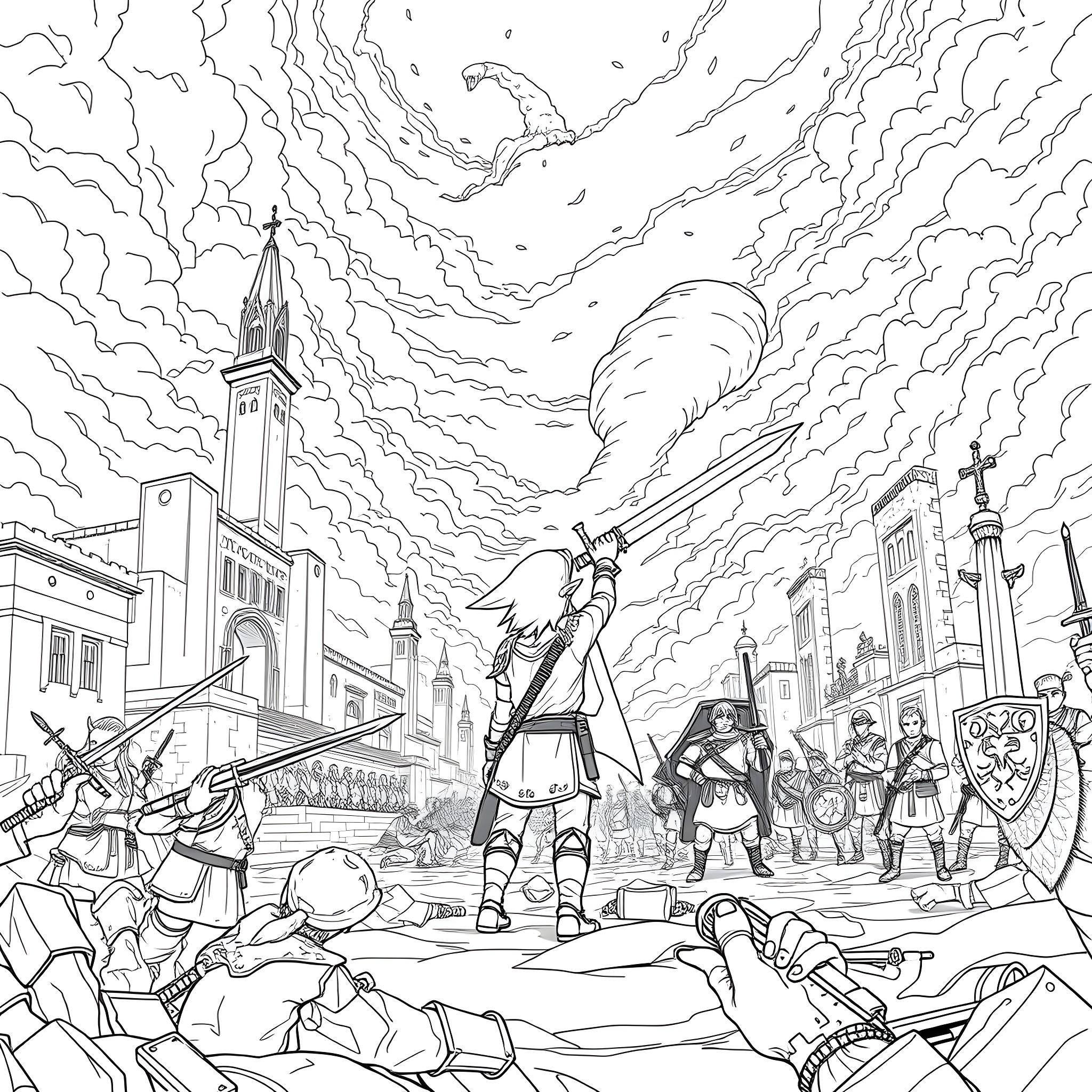 Link Confronting Foes in a Dramatic City Landscape Coloring Page (free black-and-white line drawing printable PDF for all, from beginners to advanced learners, including children, teens, adults, and seniors)