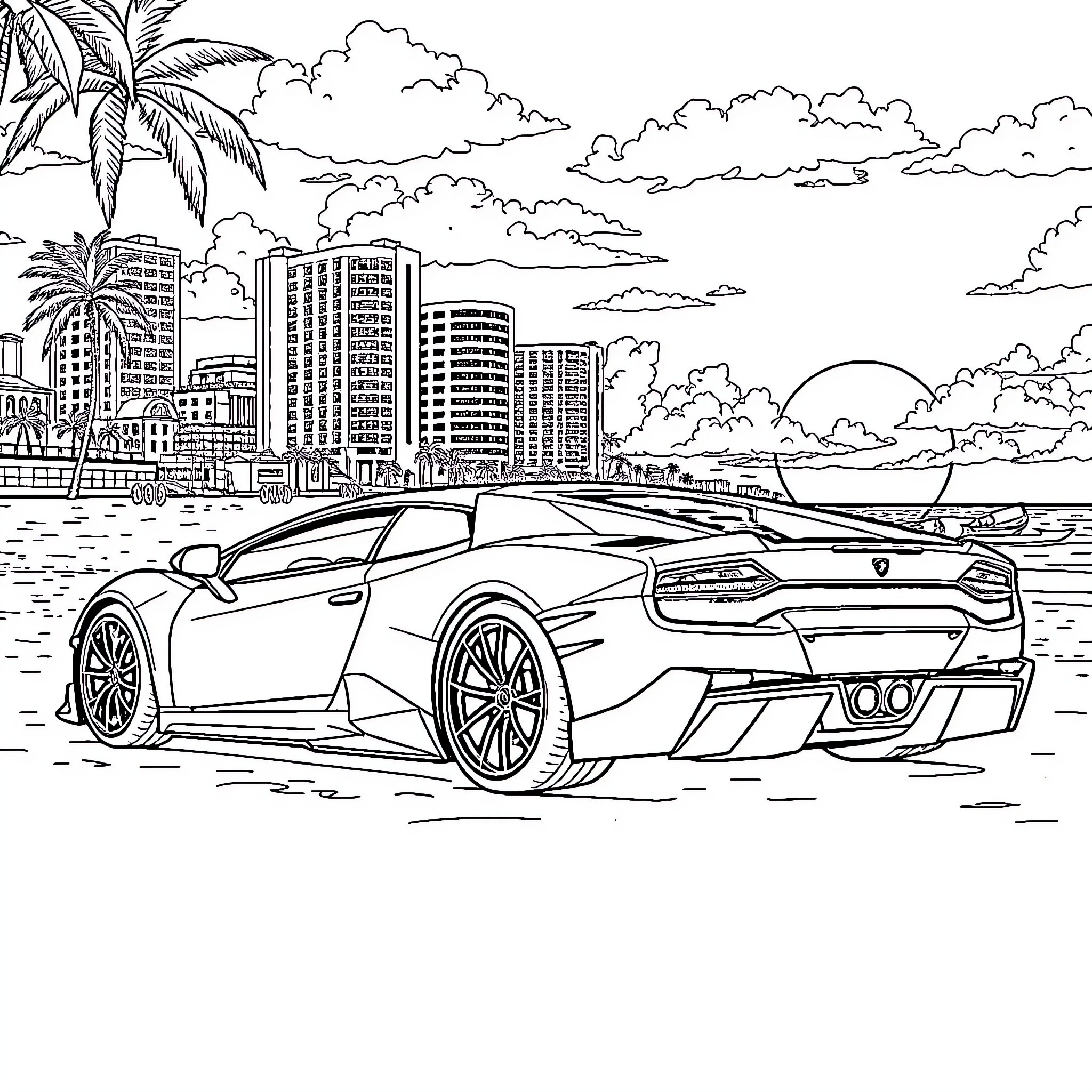 Lamborghini luxury sports car in tropical city scene Coloring Page (free black-and-white line drawing printable PDF for all, from beginners to advanced learners, including children, teens, adults, and seniors)