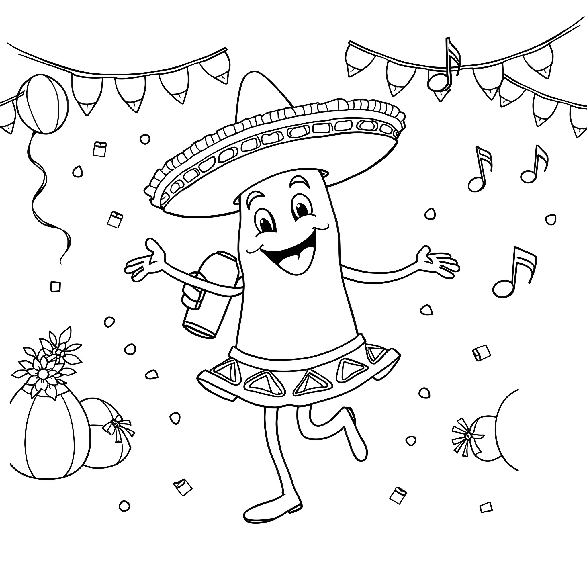 Taco character celebrating fiesta with music and decorations Coloring Page (free black-and-white line drawing printable PDF for all, from beginners to advanced learners, including children, teens, adults, and seniors)