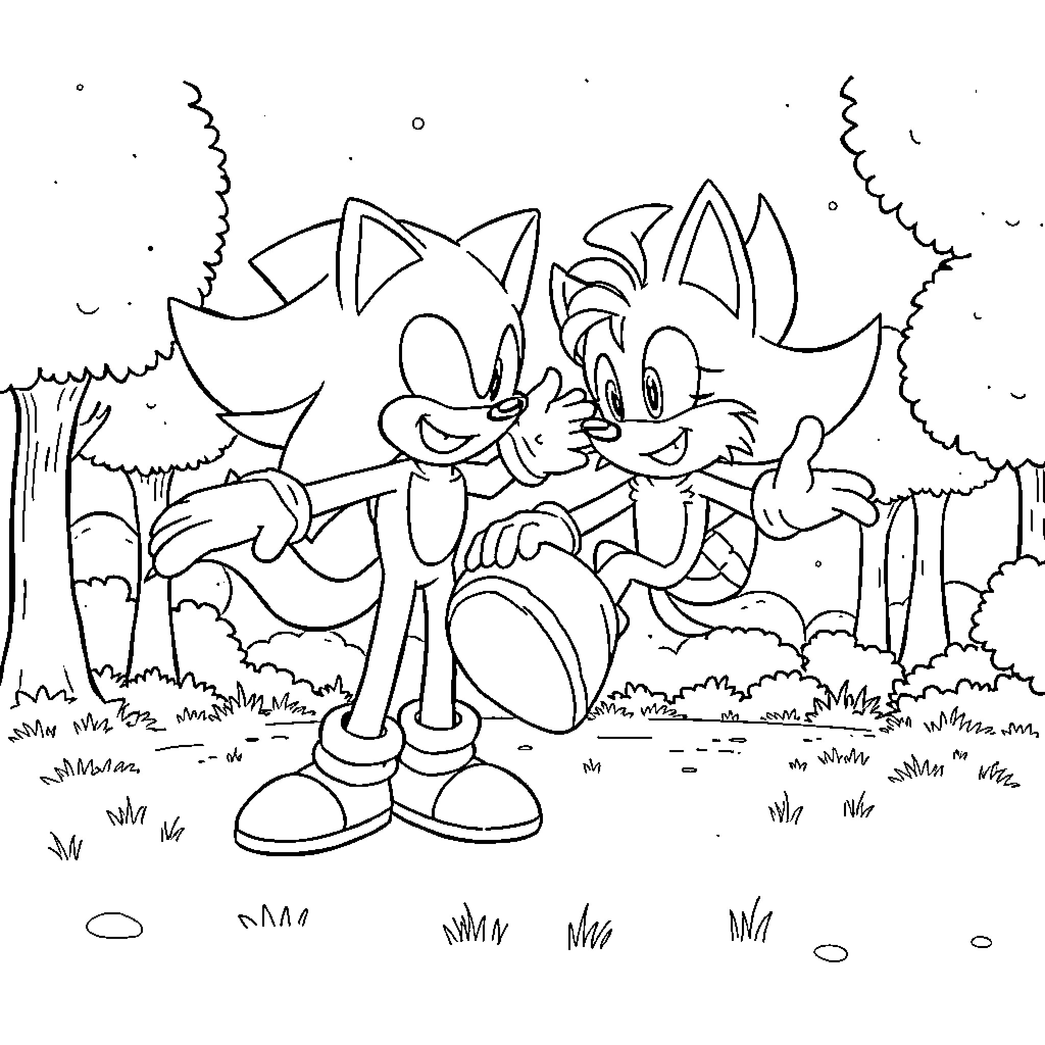 Zonic characters adventuring in the forest Coloring Page (free black-and-white line drawing printable PDF for all, from beginners to advanced learners, including children, teens, adults, and seniors)