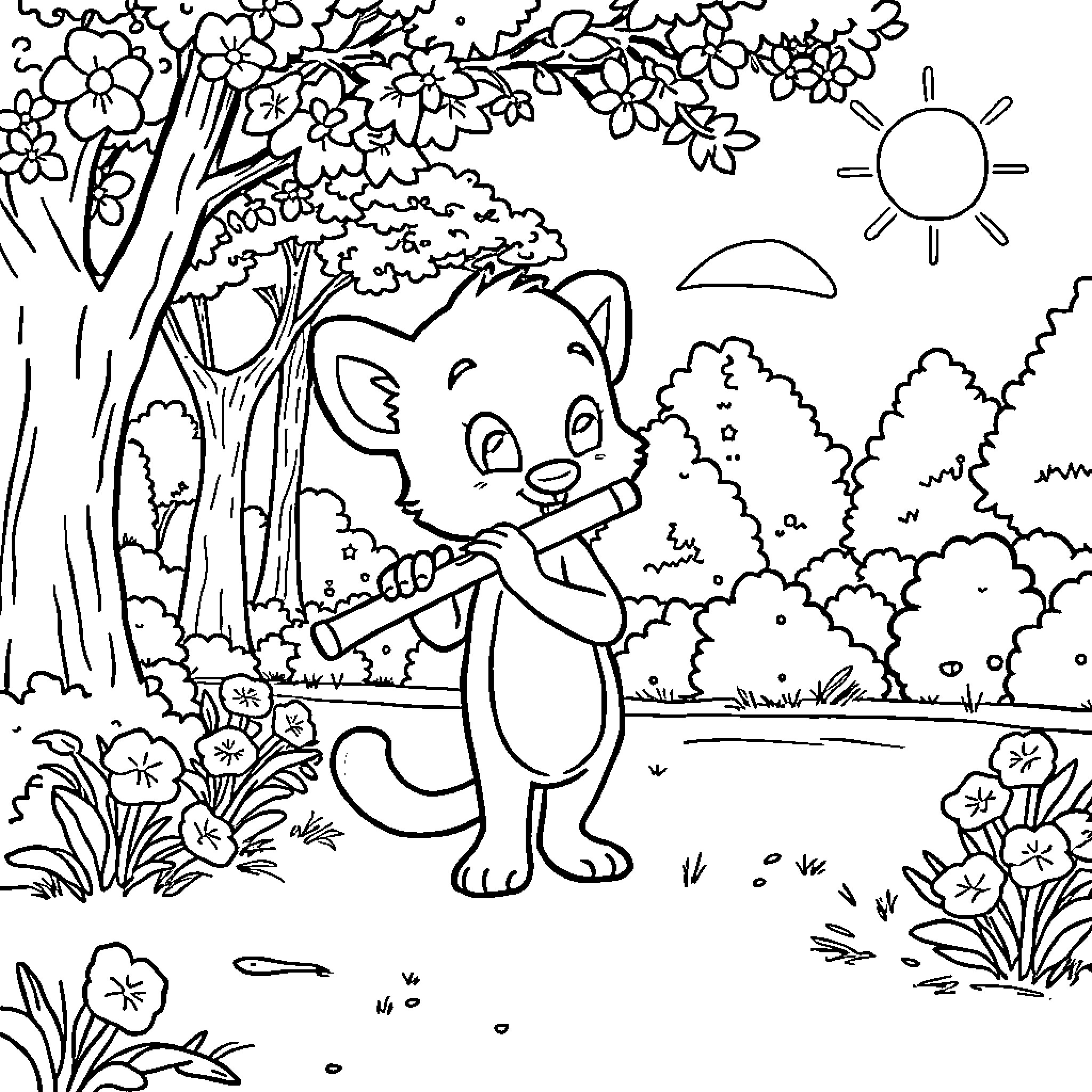 Bluey exploring the outdoors with flowers and nature Coloring Page (free black-and-white line drawing printable PDF for all, from beginners to advanced learners, including children, teens, adults, and seniors)