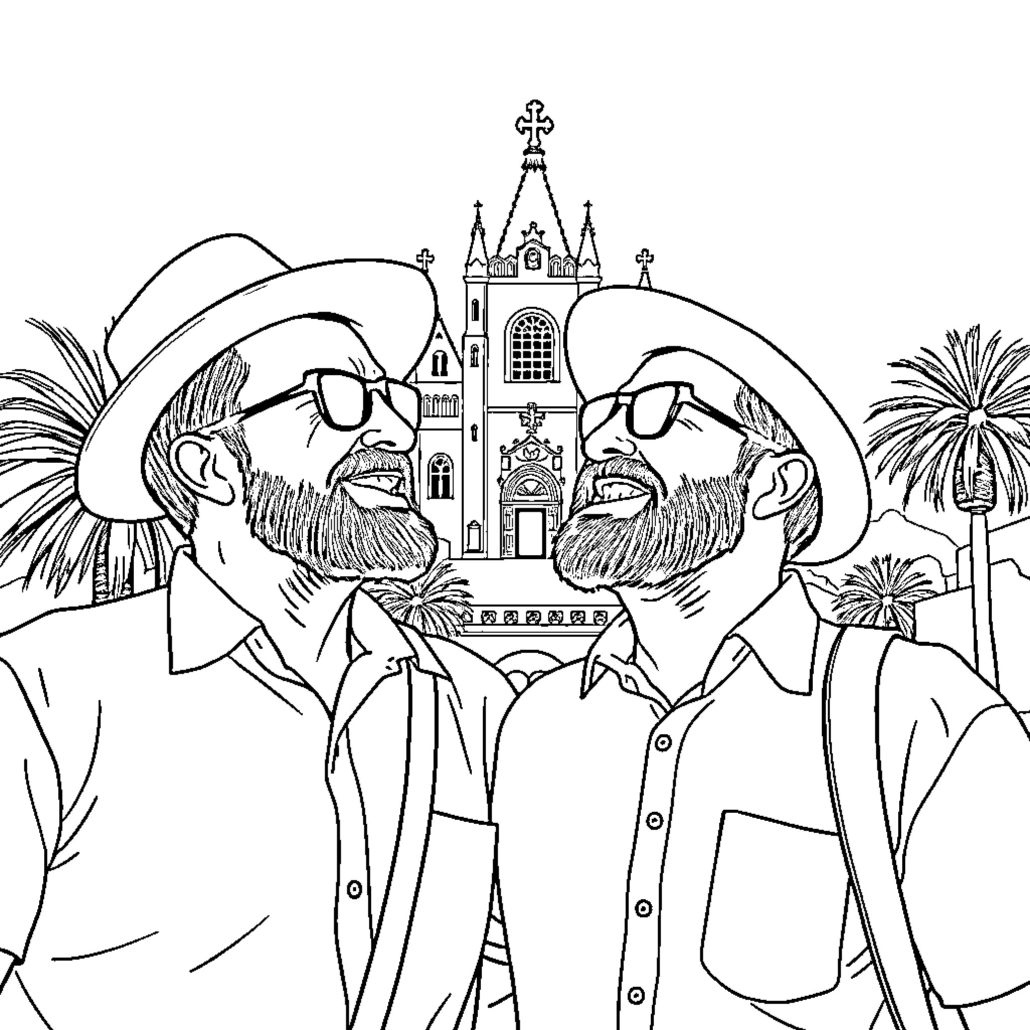 Hermanos celebrate before a grand cathedral Coloring Page (free black-and-white line drawing printable PDF for all, from beginners to advanced learners, including children, teens, adults, and seniors)