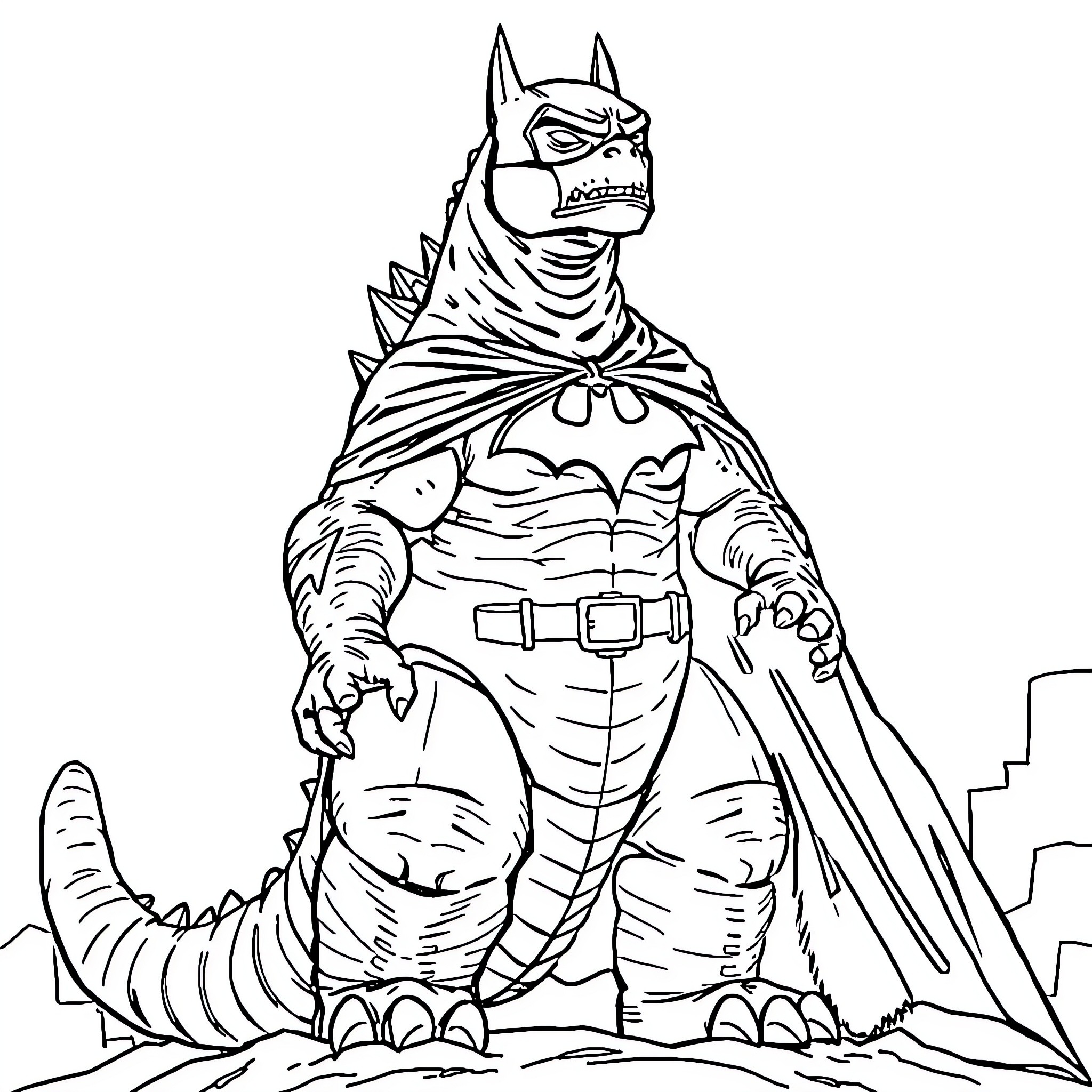 Godzilla-inspired Superhero in Heroic Pose Coloring Page (free black-and-white line drawing printable PDF for all, from beginners to advanced learners, including children, teens, adults, and seniors)