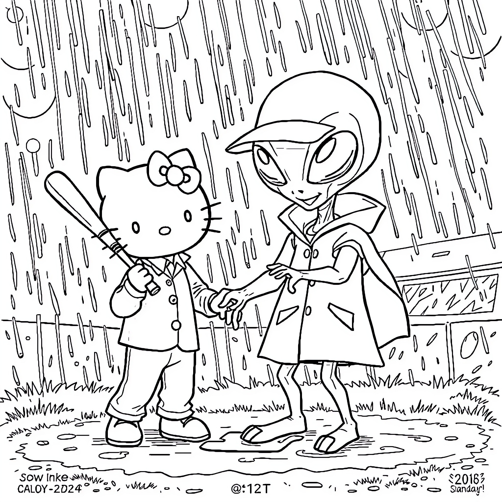 Alien Friends Playing in the Rain Coloring Page (free black-and-white line drawing printable PDF for all, from beginners to advanced learners, including children, teens, adults, and seniors)