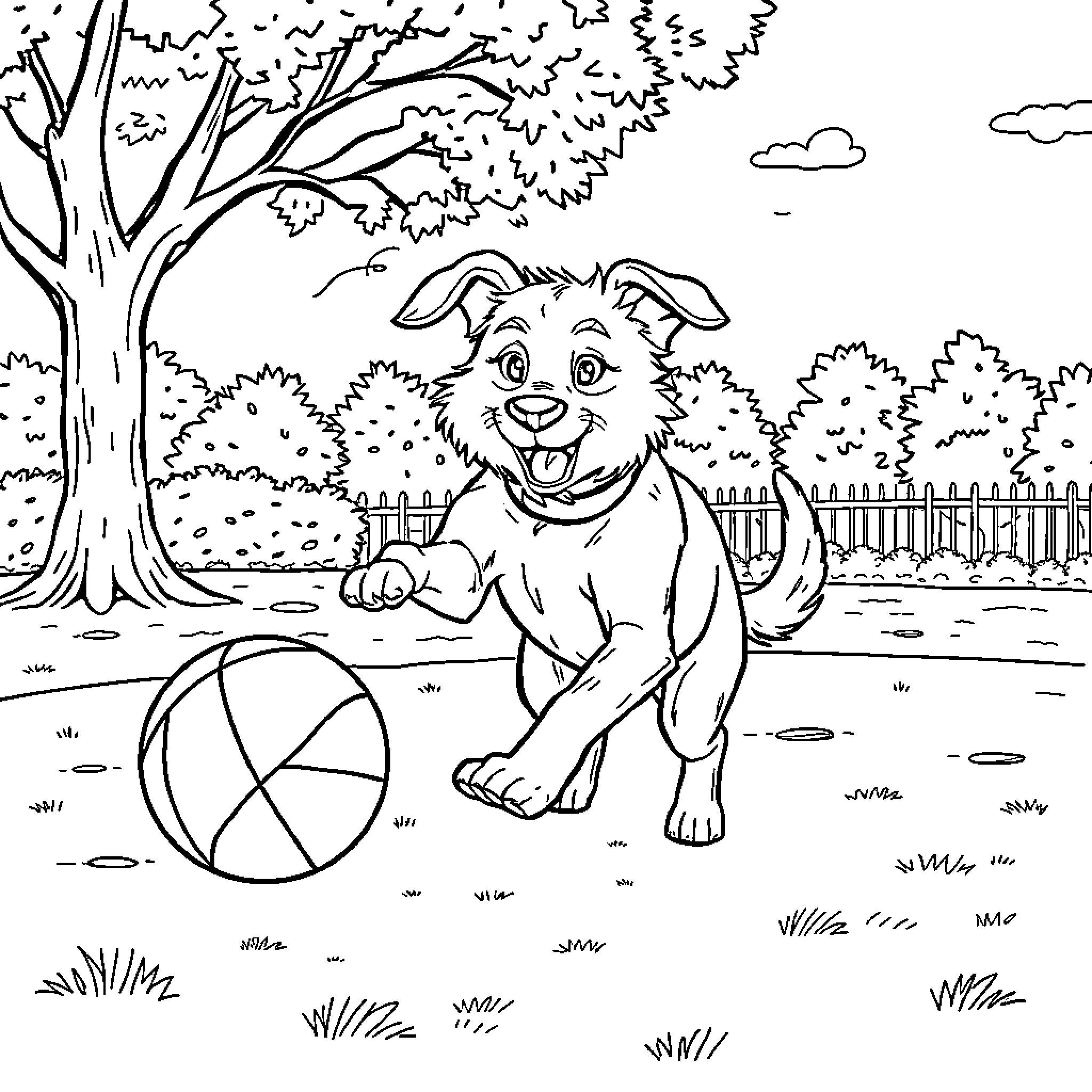 Dog playing joyfully with ball in backyard Coloring Page (free black-and-white line drawing printable PDF for all, from beginners to advanced learners, including children, teens, adults, and seniors)