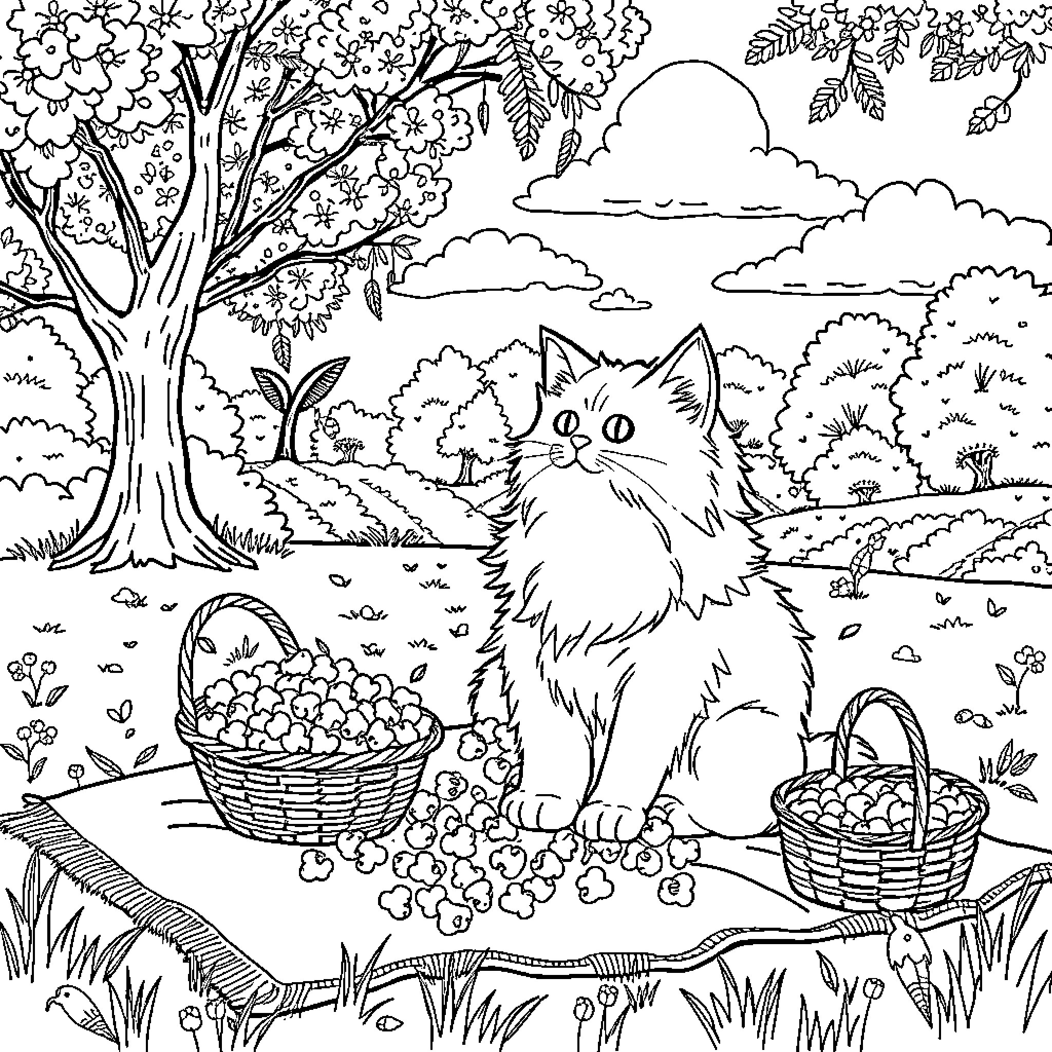 Cat resting in a lush forest landscape Coloring Page (free black-and-white line drawing printable PDF for all, from beginners to advanced learners, including children, teens, adults, and seniors)
