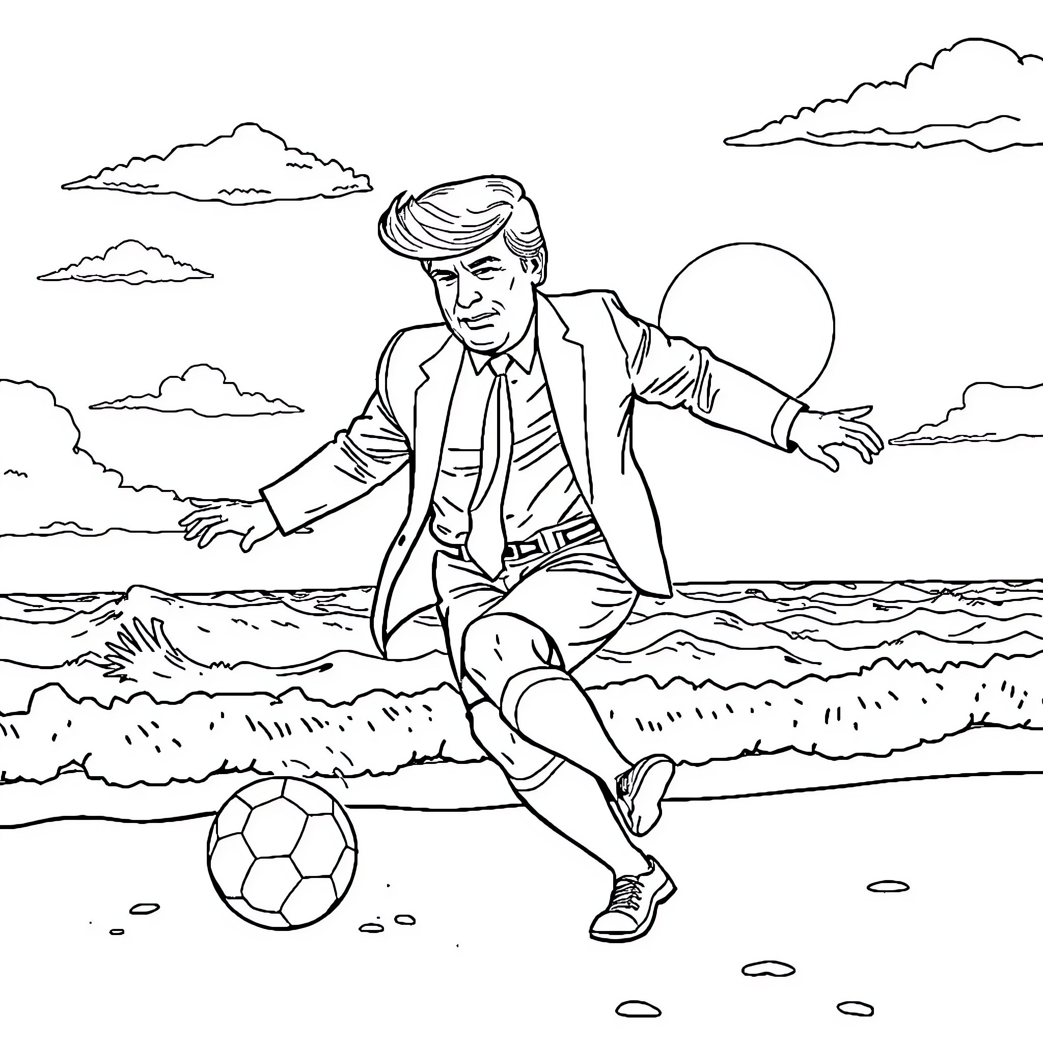 Trump playing soccer on the beach Coloring Page (free black-and-white line drawing printable PDF for all, from beginners to advanced learners, including children, teens, adults, and seniors)