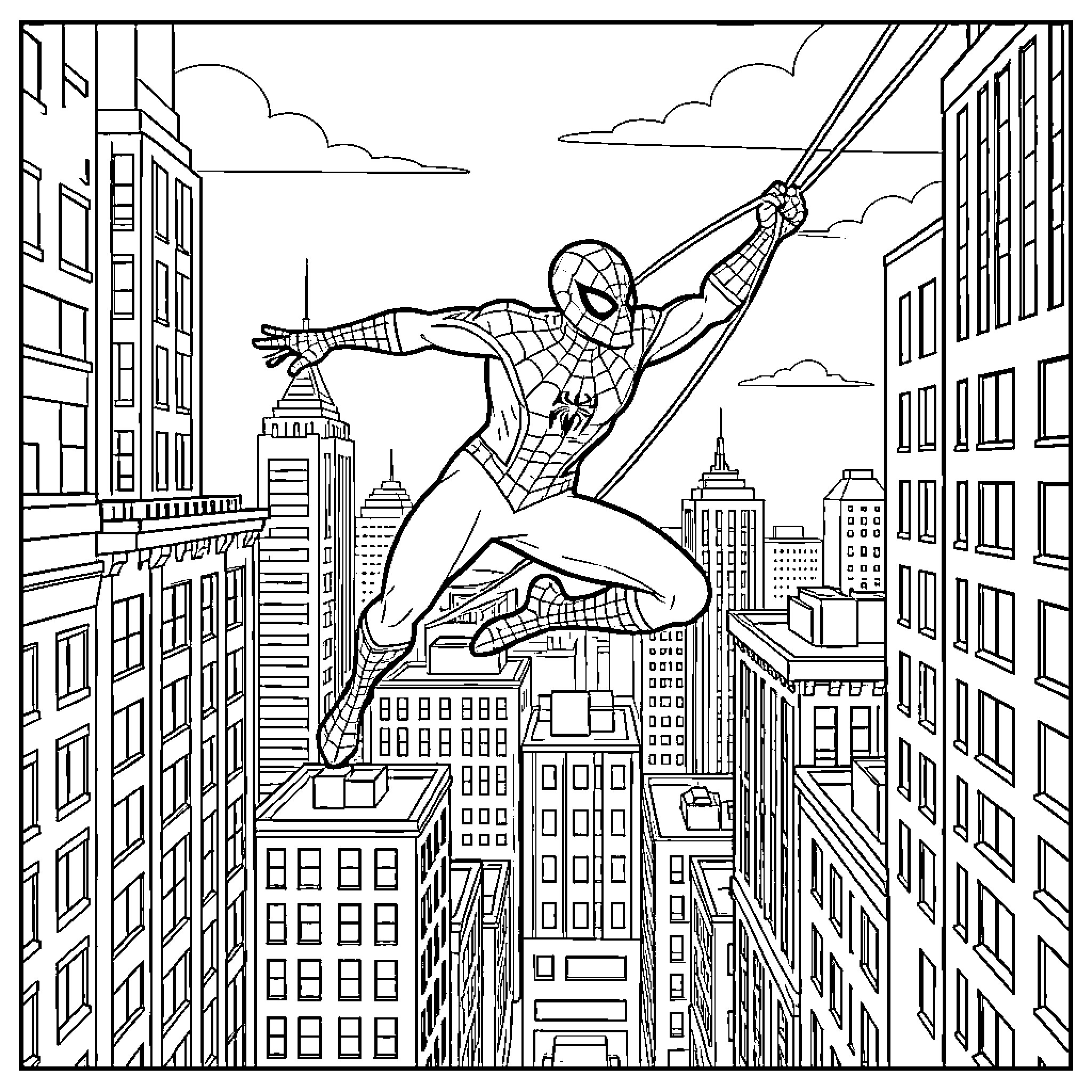 Spiderman swinging through high city skyscrapers Coloring Page (free black-and-white line drawing printable PDF for all, from beginners to advanced learners, including children, teens, adults, and seniors)