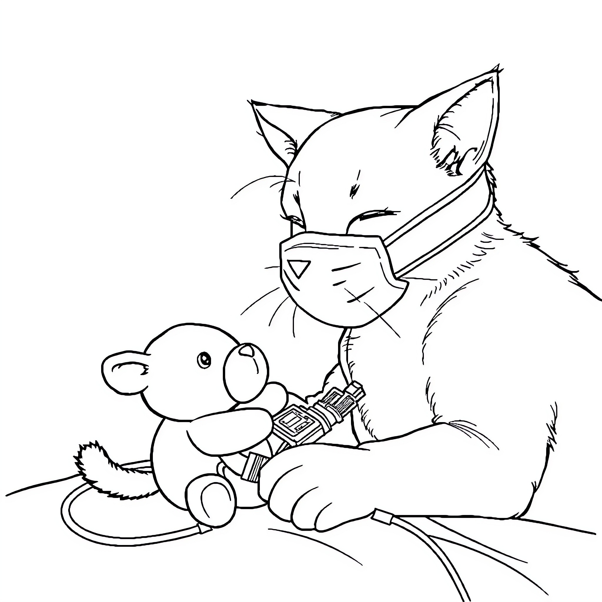 Cat with Stuffed Animal Companion Coloring Page (free black-and-white line drawing printable PDF for all, from beginners to advanced learners, including children, teens, adults, and seniors)