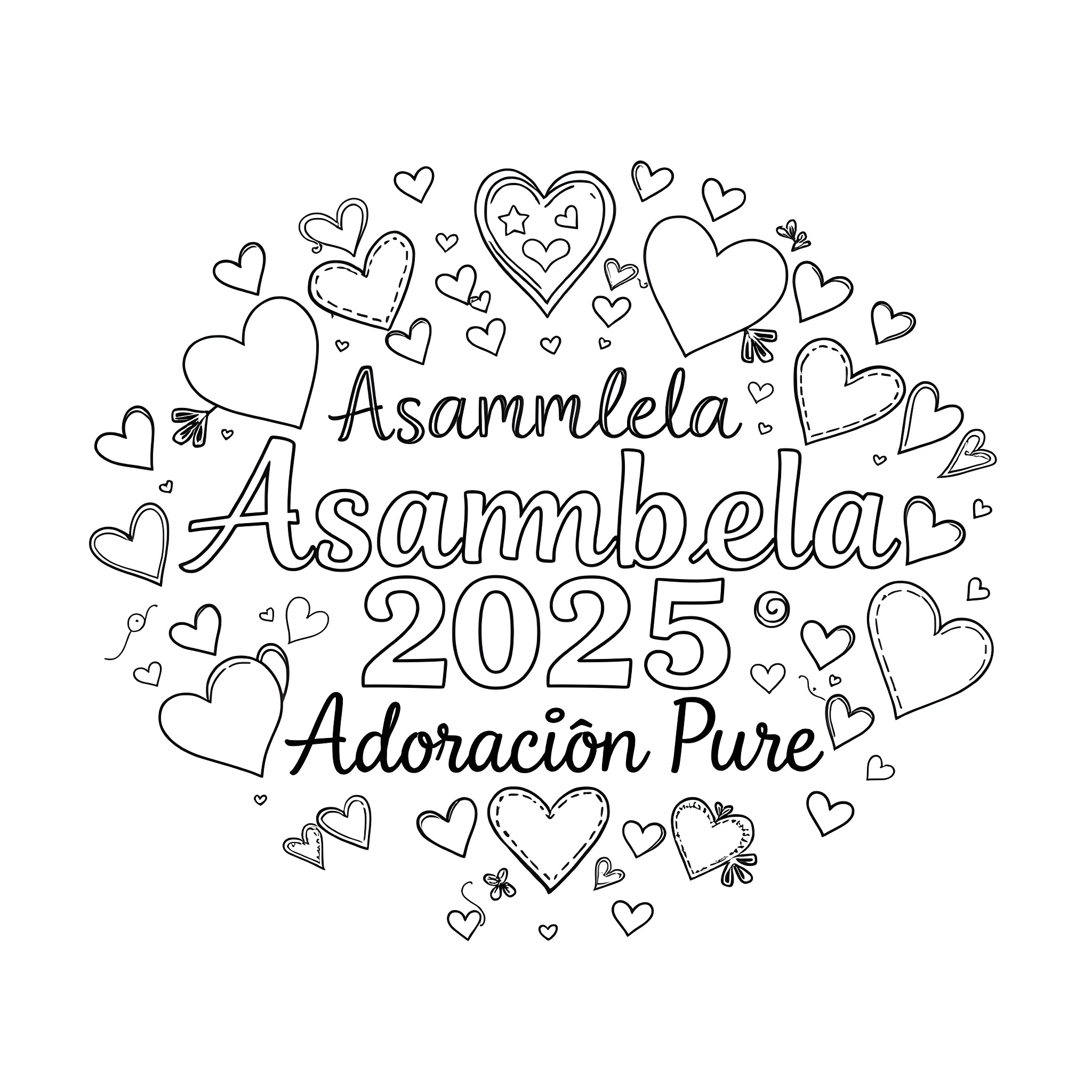 Text with hearts and 2025 Adoration Pure Coloring Page (free black-and-white line drawing printable PDF for all, from beginners to advanced learners, including children, teens, adults, and seniors)