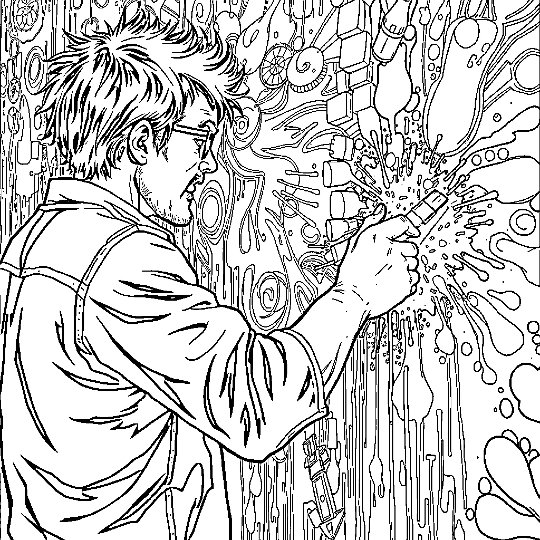 Guy facing surreal psychedelic experience Coloring Page (free black-and-white line drawing printable PDF for all, from beginners to advanced learners, including children, teens, adults, and seniors)